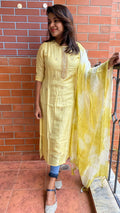 Yellow silk embroidery kurti 2 piece set - Threads