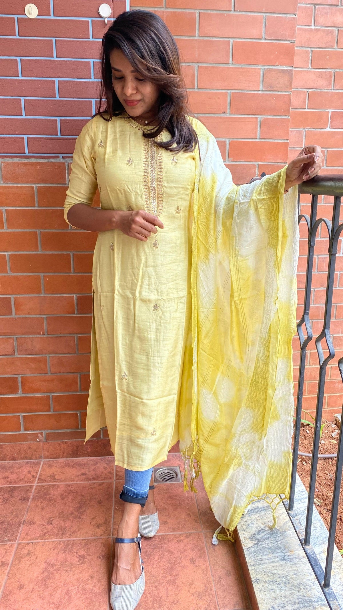 Yellow silk embroidery kurti 2 piece set - Threads