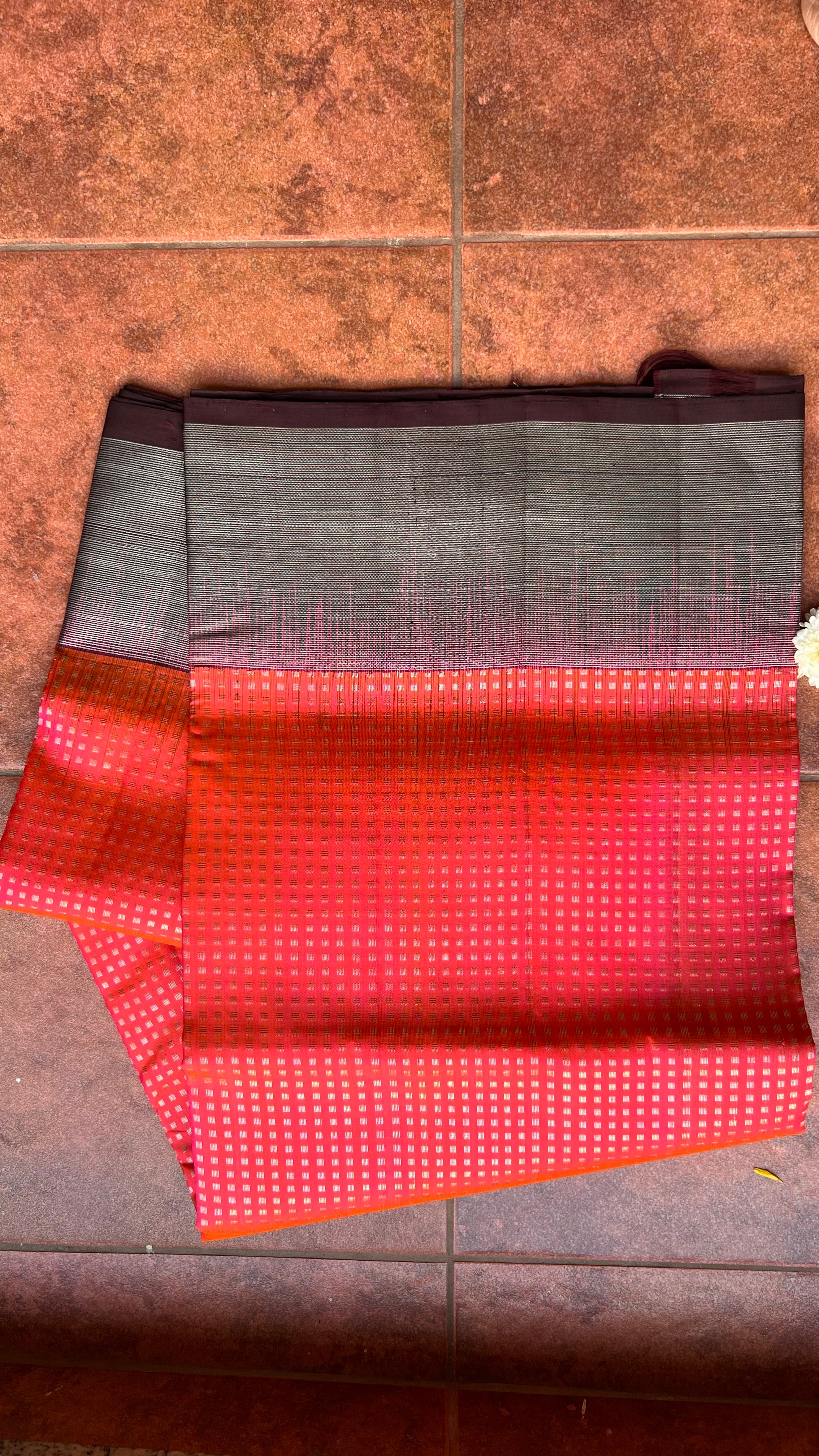 Valcano orange kanjivaram silk saree with blouse - Threads