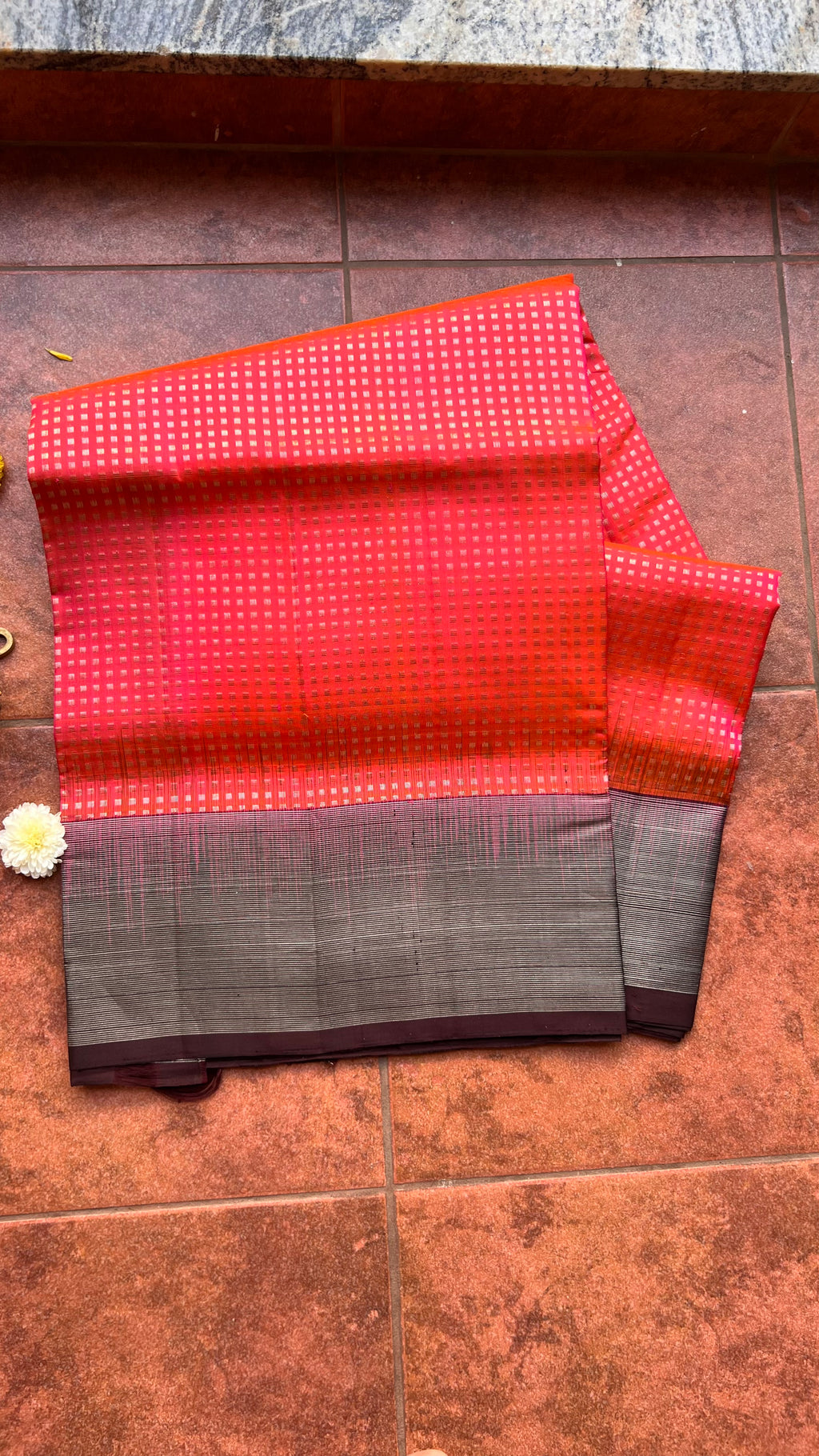 Valcano orange kanjivaram silk saree with blouse - Threads