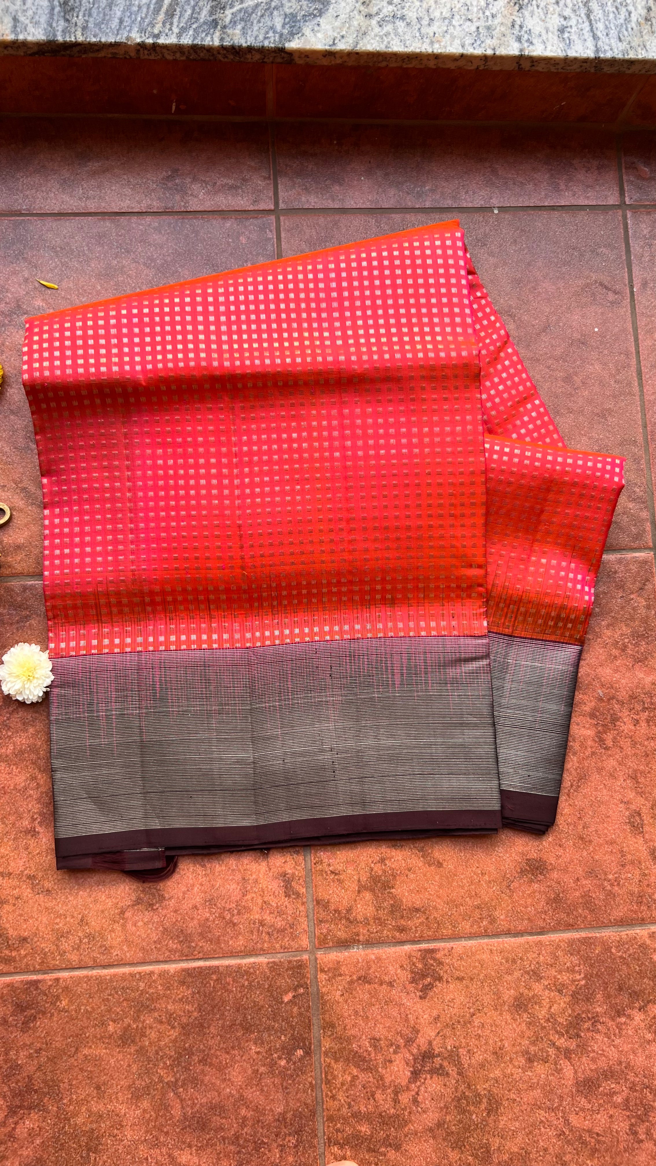 Valcano orange kanjivaram silk saree with blouse - Threads