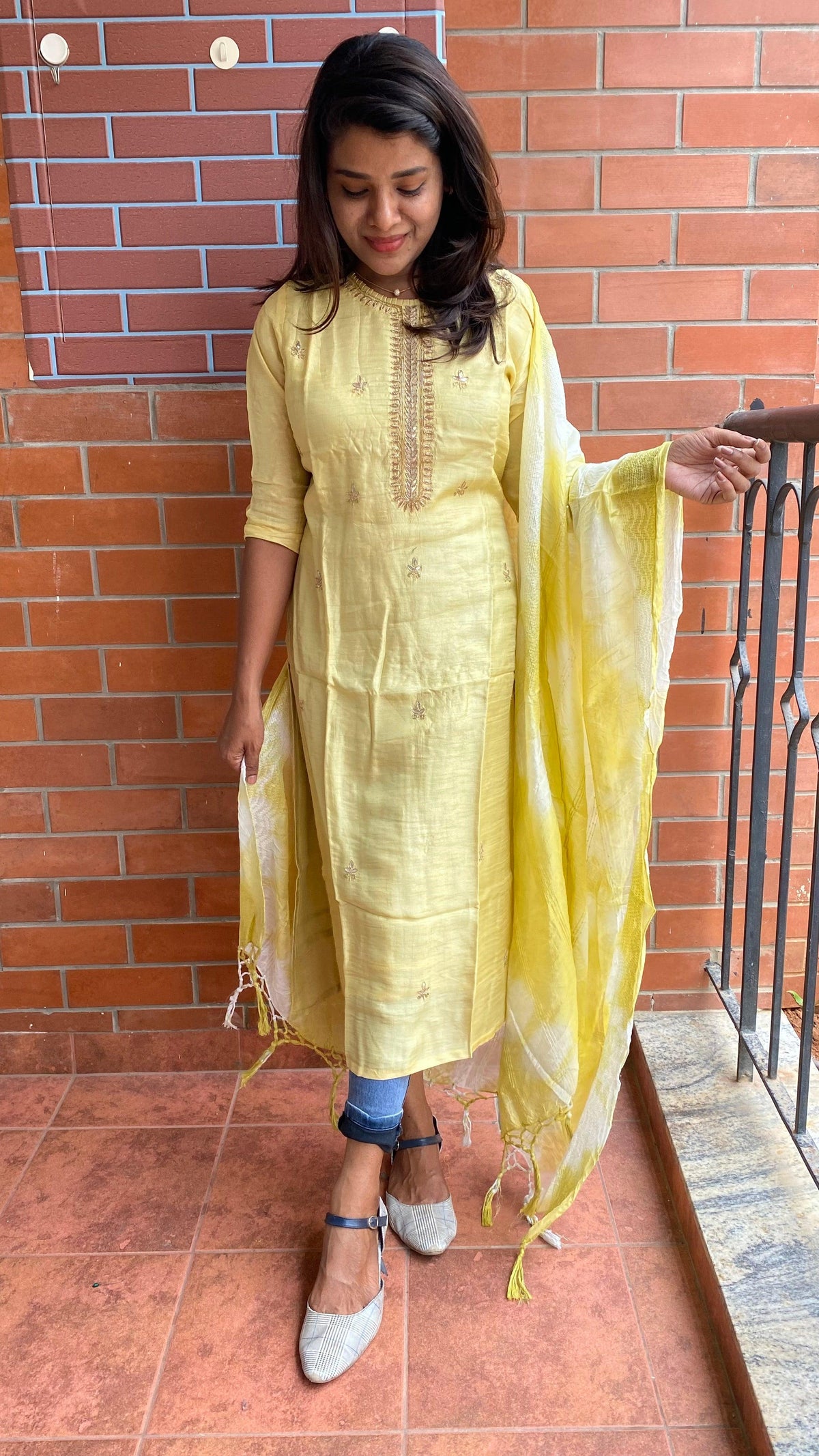 Yellow silk embroidery kurti 2 piece set - Threads