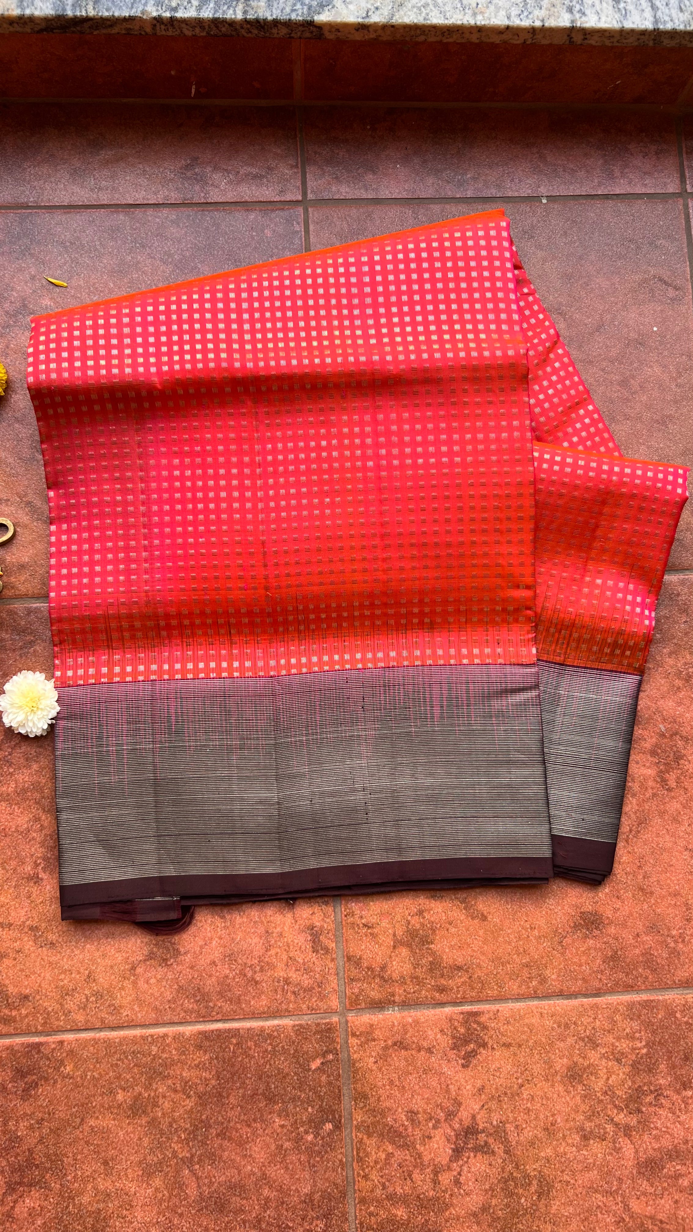 Valcano orange kanjivaram silk saree with blouse - Threads