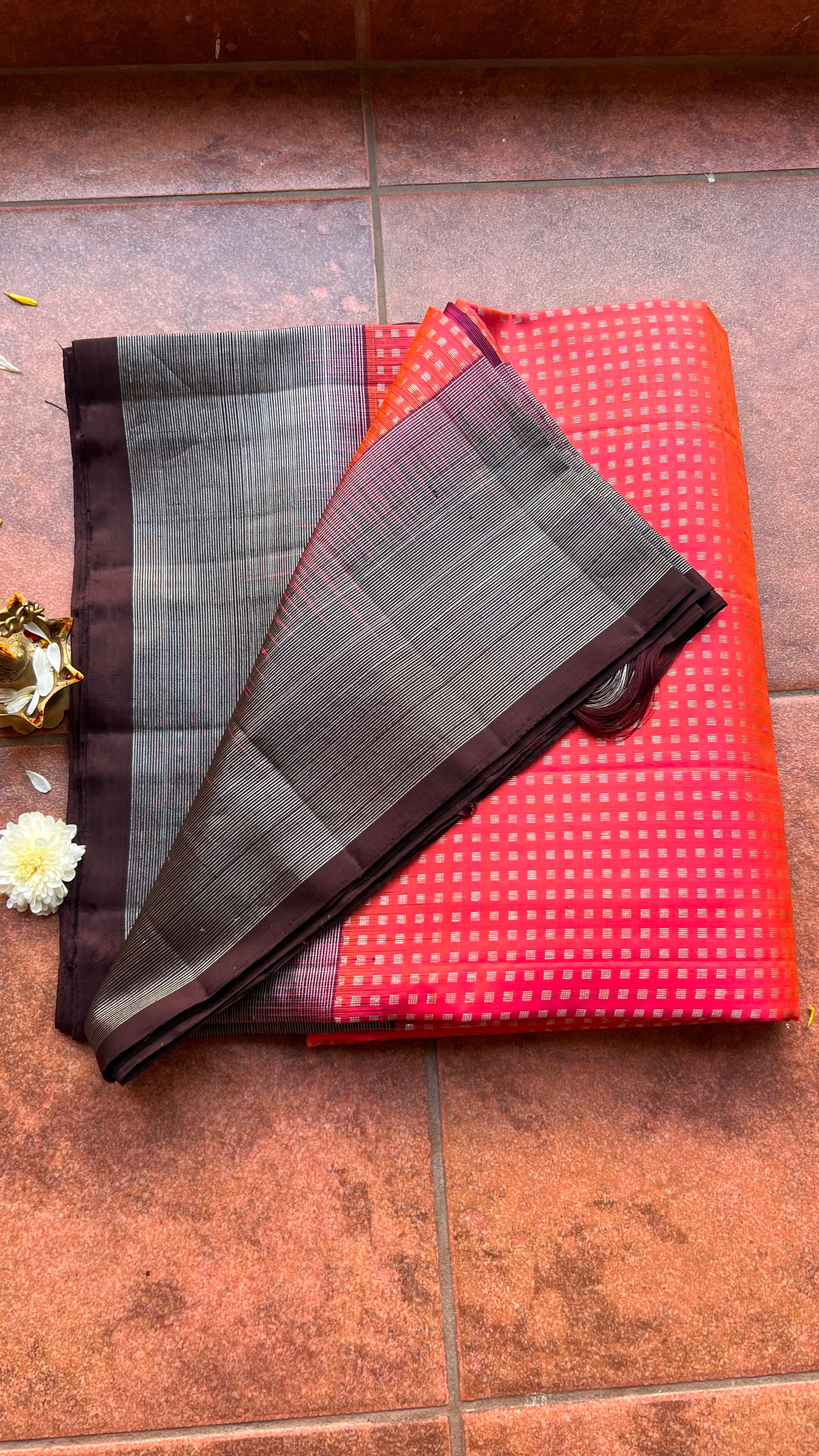 Valcano orange kanjivaram silk saree with blouse - Threads