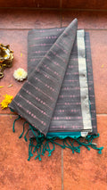 Light grey and green kanjivaram soft silk saree with blouse - Threads