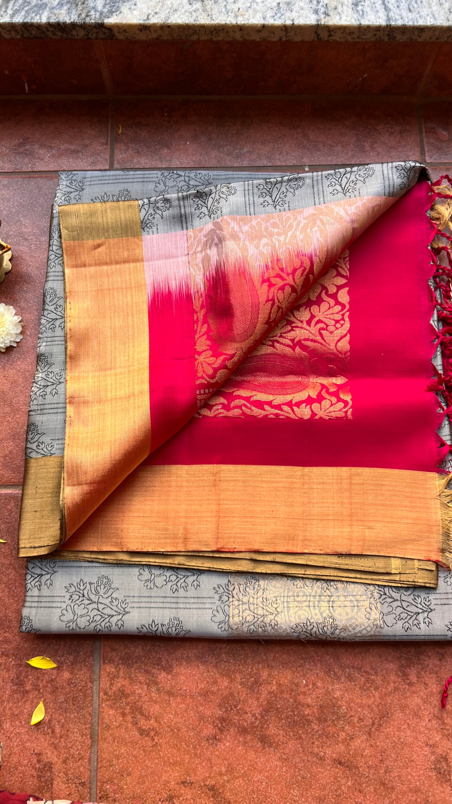 Grey and rani pink kanjivaram silk saree with blouse - Threads