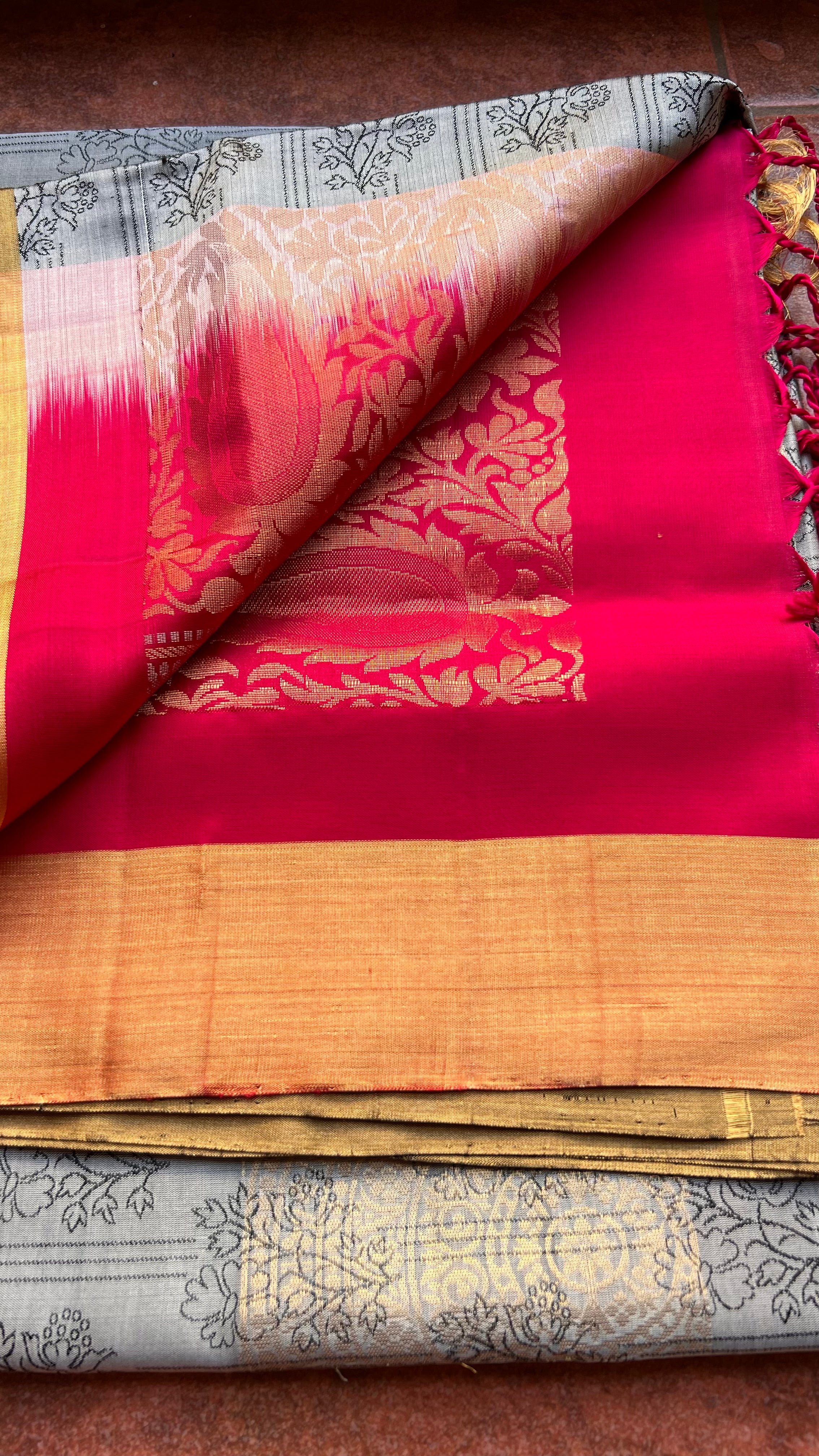 Grey and rani pink kanjivaram silk saree with blouse - Threads