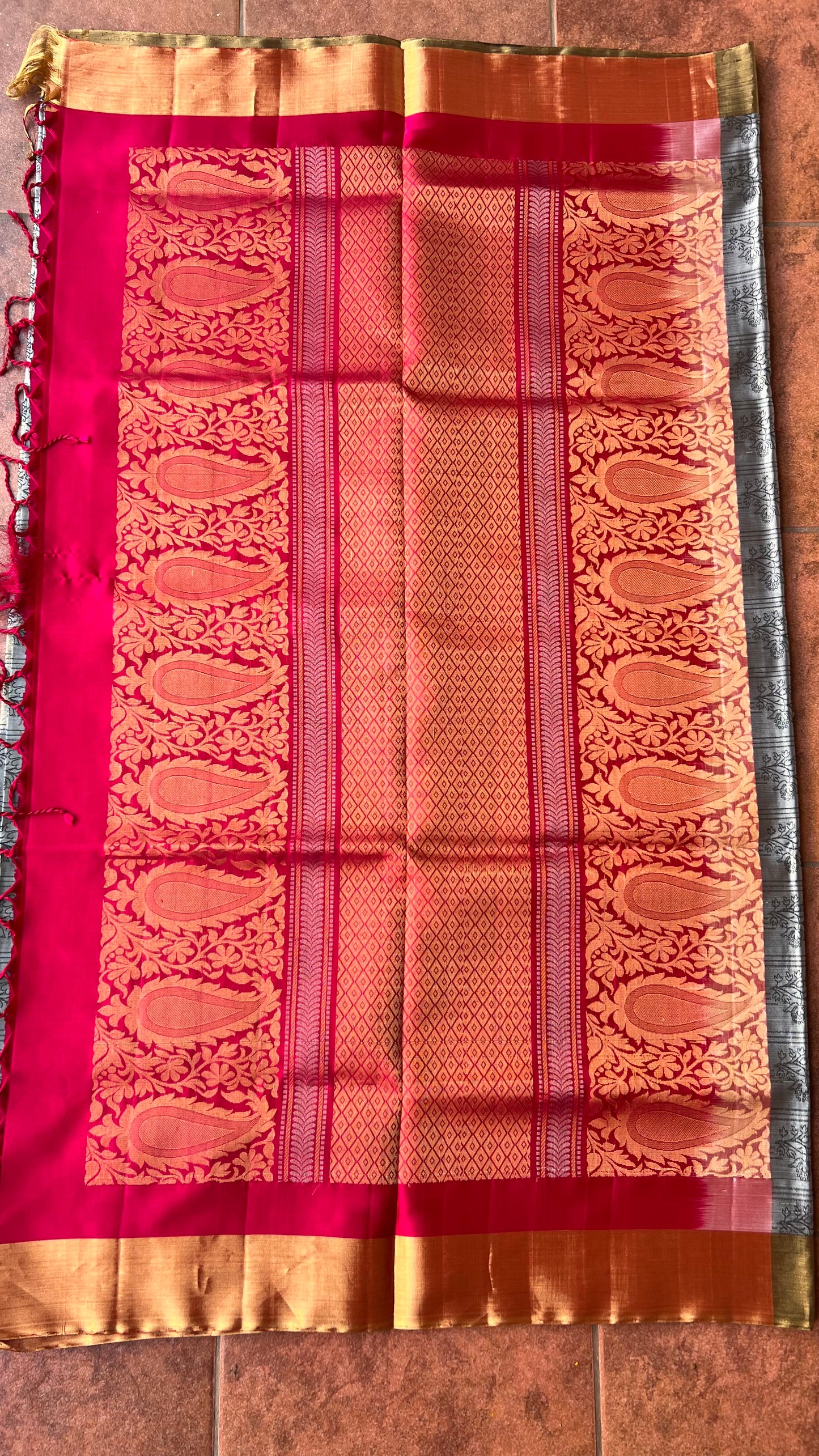 Grey and rani pink kanjivaram silk saree with blouse - Threads