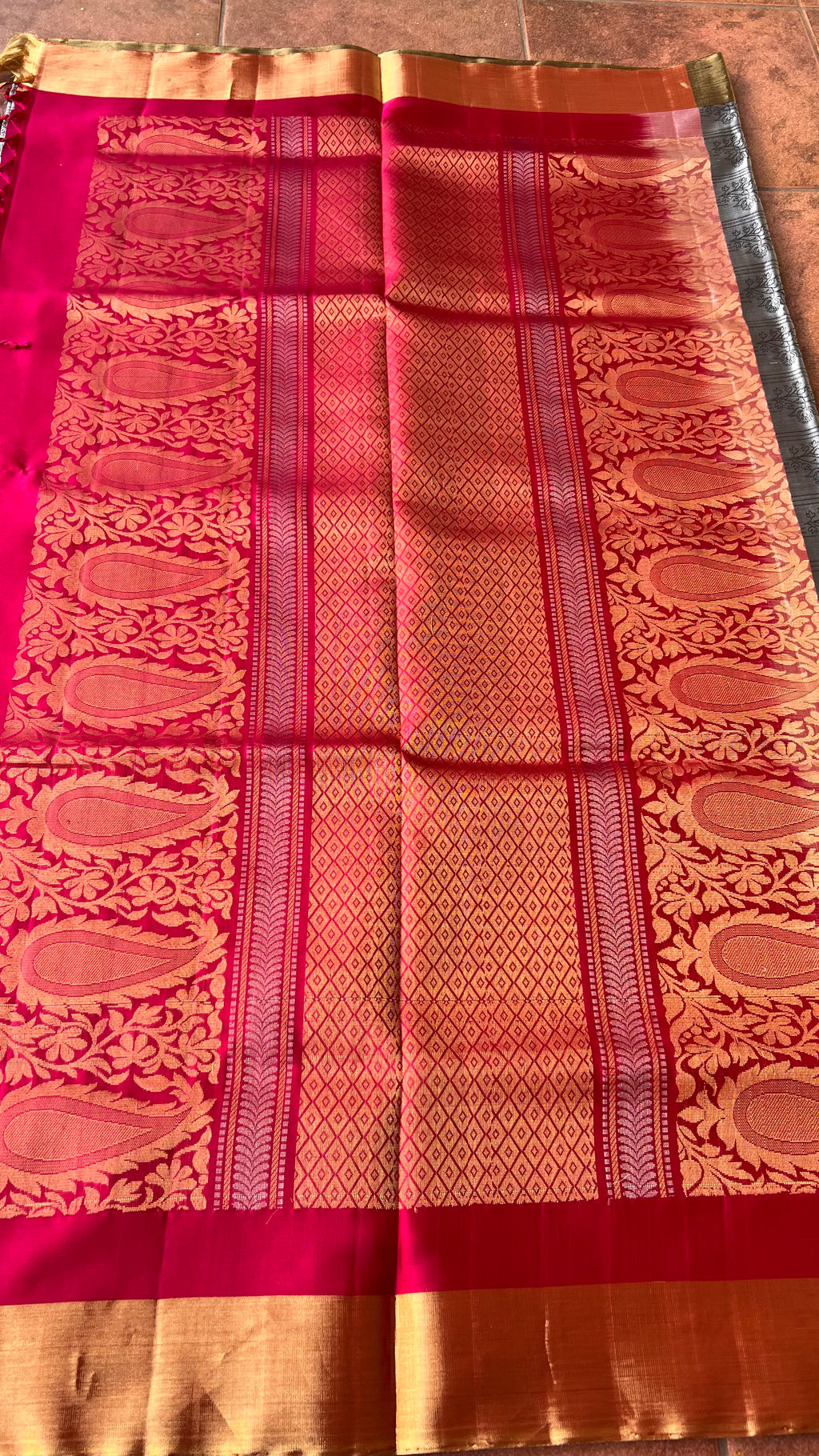 Grey and rani pink kanjivaram silk saree with blouse - Threads