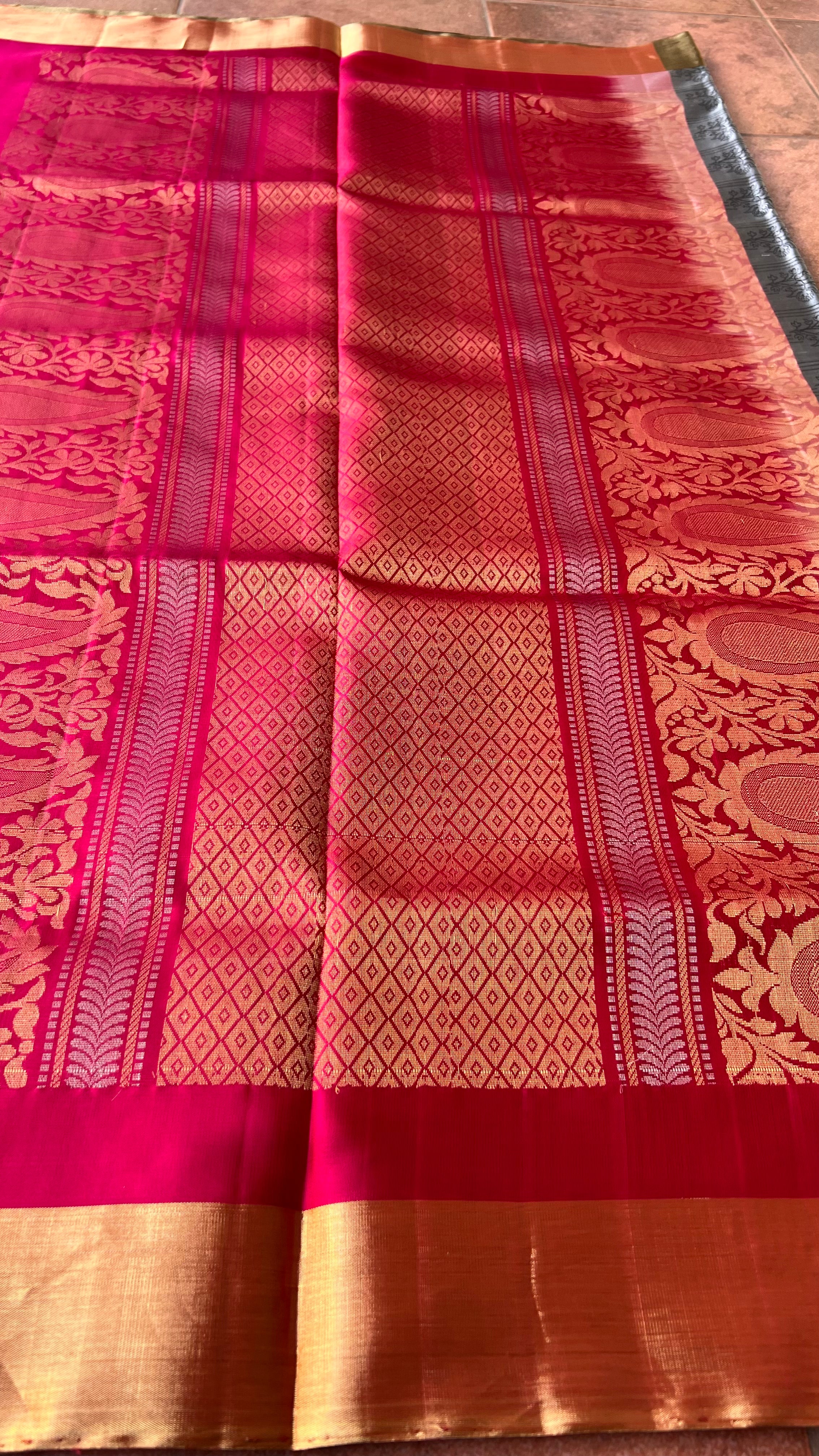 Grey and rani pink kanjivaram silk saree with blouse - Threads
