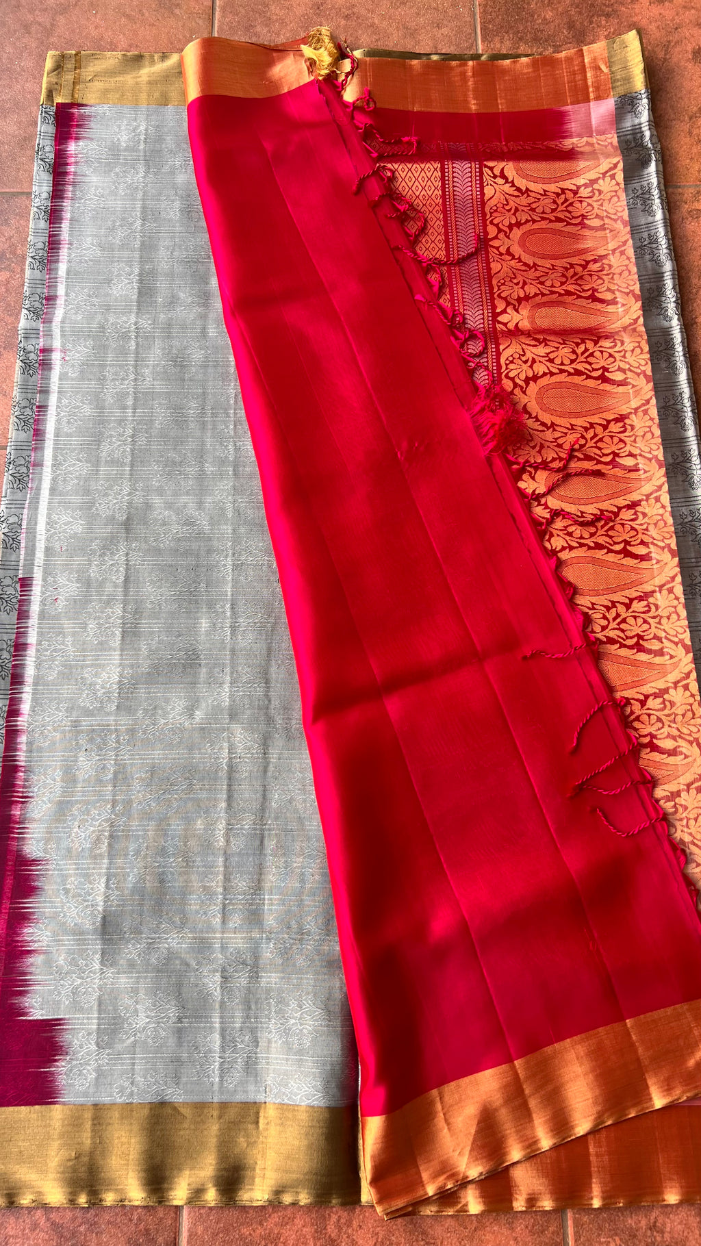 Grey and rani pink kanjivaram silk saree with blouse - Threads