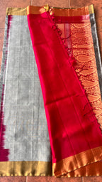 Grey and rani pink kanjivaram silk saree with blouse - Threads
