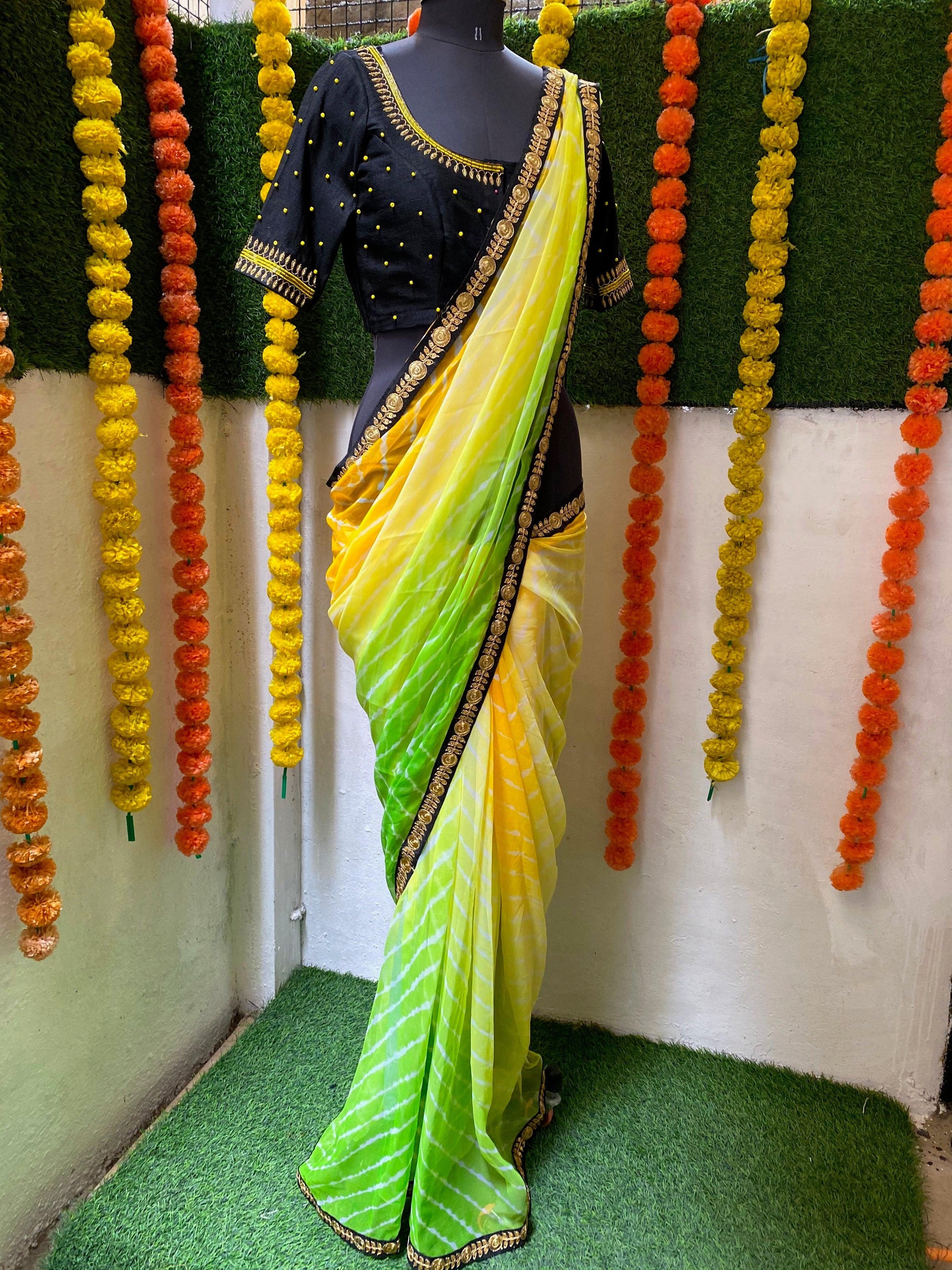 Tie and die green and yellow saree with aari work blouse - Threads