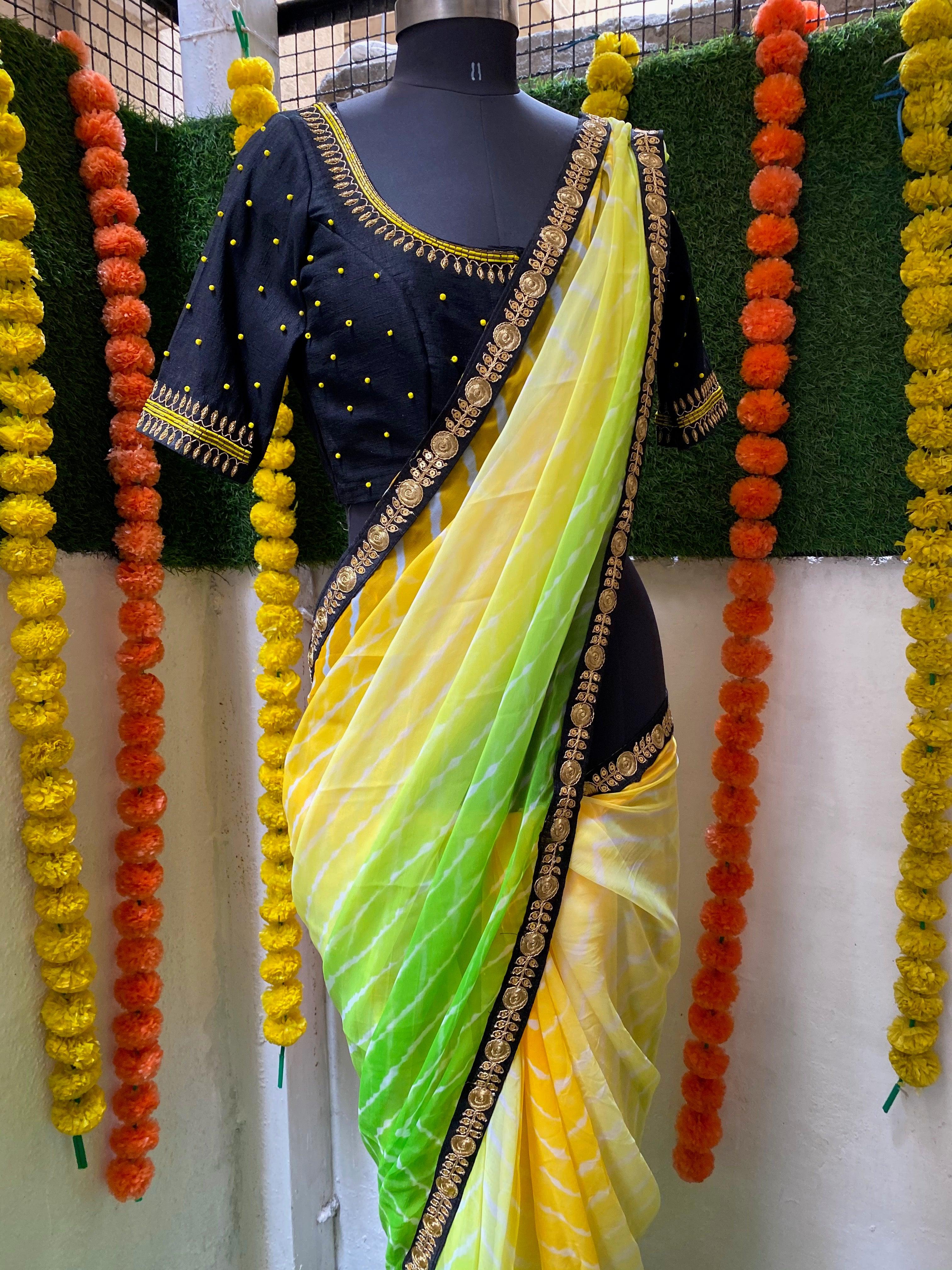 Buy Green And Yellow Saree With Blouse Piece online-NITARAA