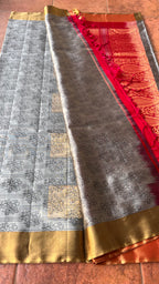 Grey and rani pink kanjivaram silk saree with blouse - Threads