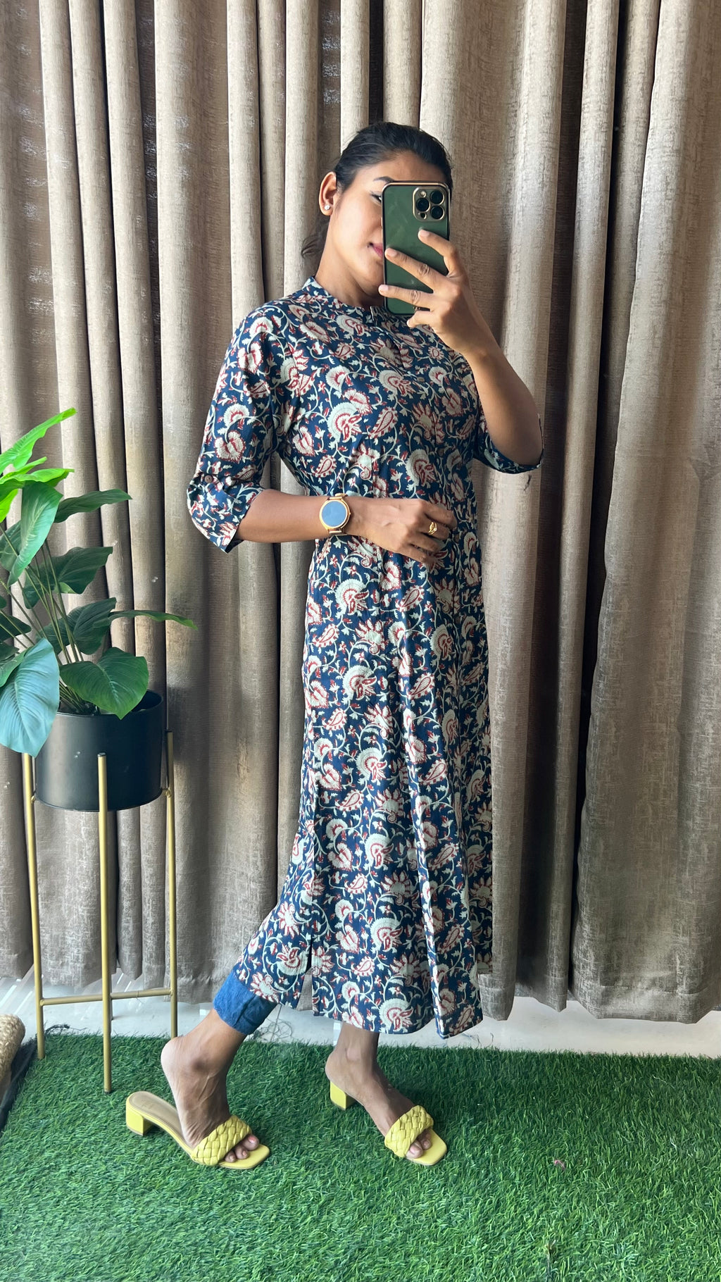 Blue floral silk cotton printed kurti top