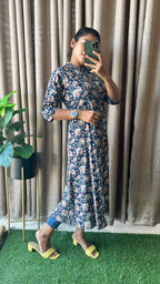 Blue floral silk cotton printed kurti top