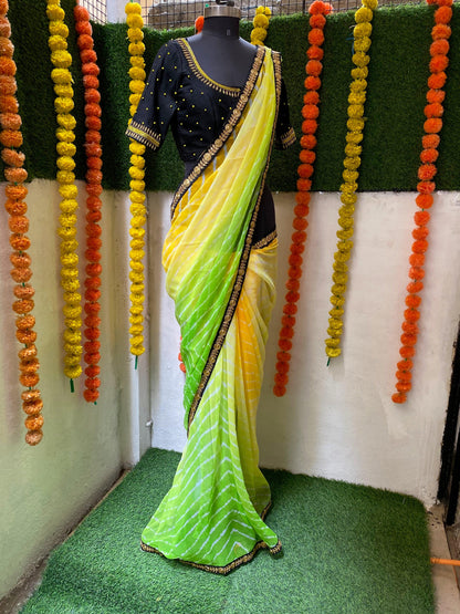 Tie and die green and yellow saree with aari work blouse - Threads