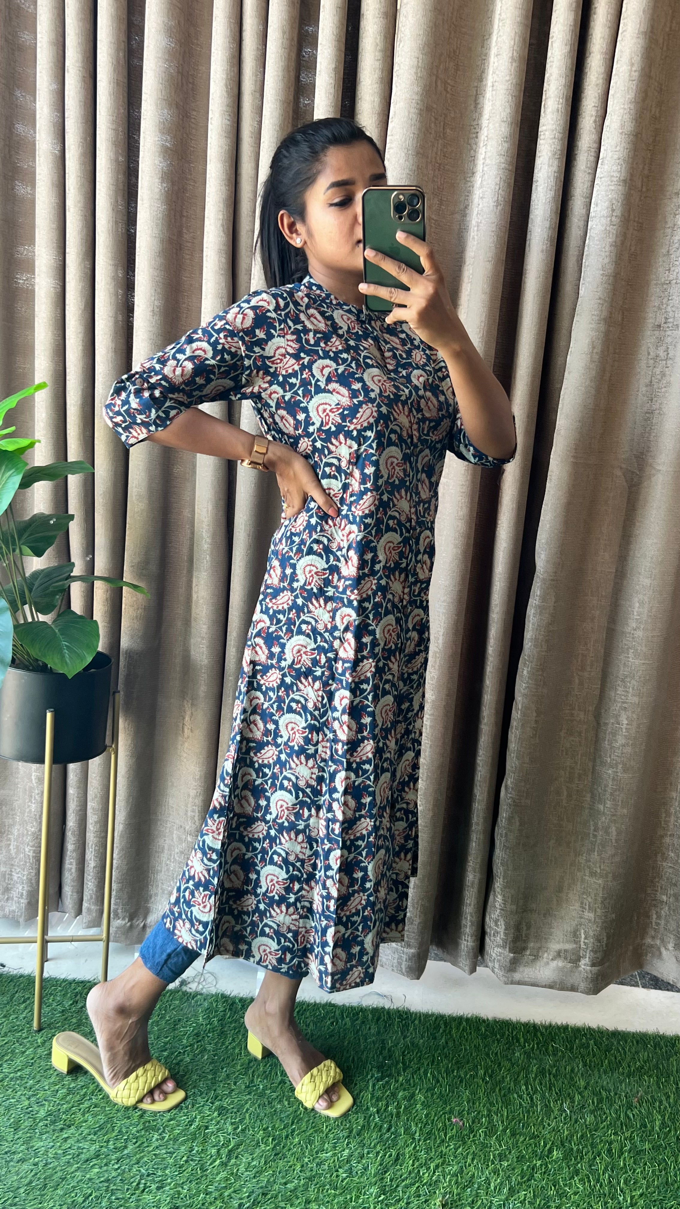 Blue floral silk cotton printed kurti top