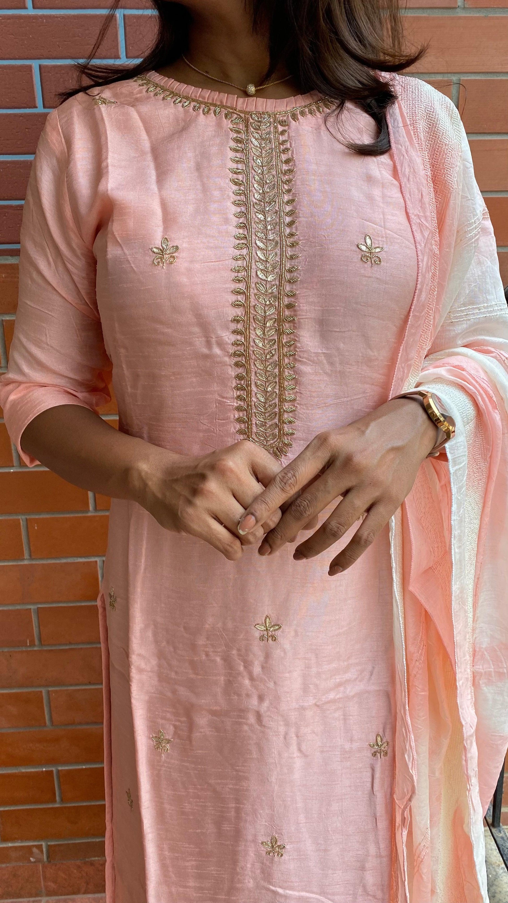 Power pink silk embroidery kurti 2 piece set - Threads
