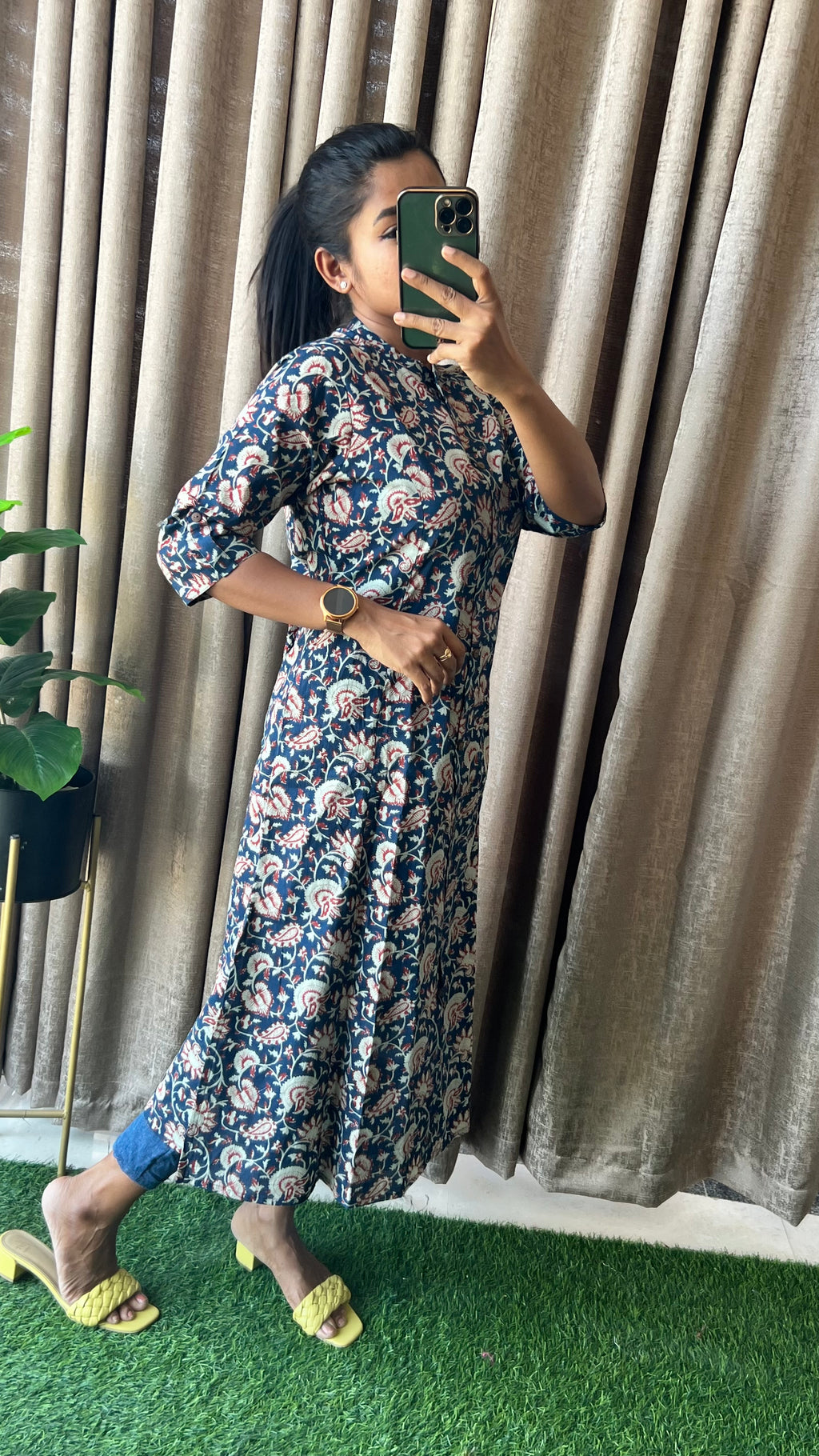 Blue floral silk cotton printed kurti top