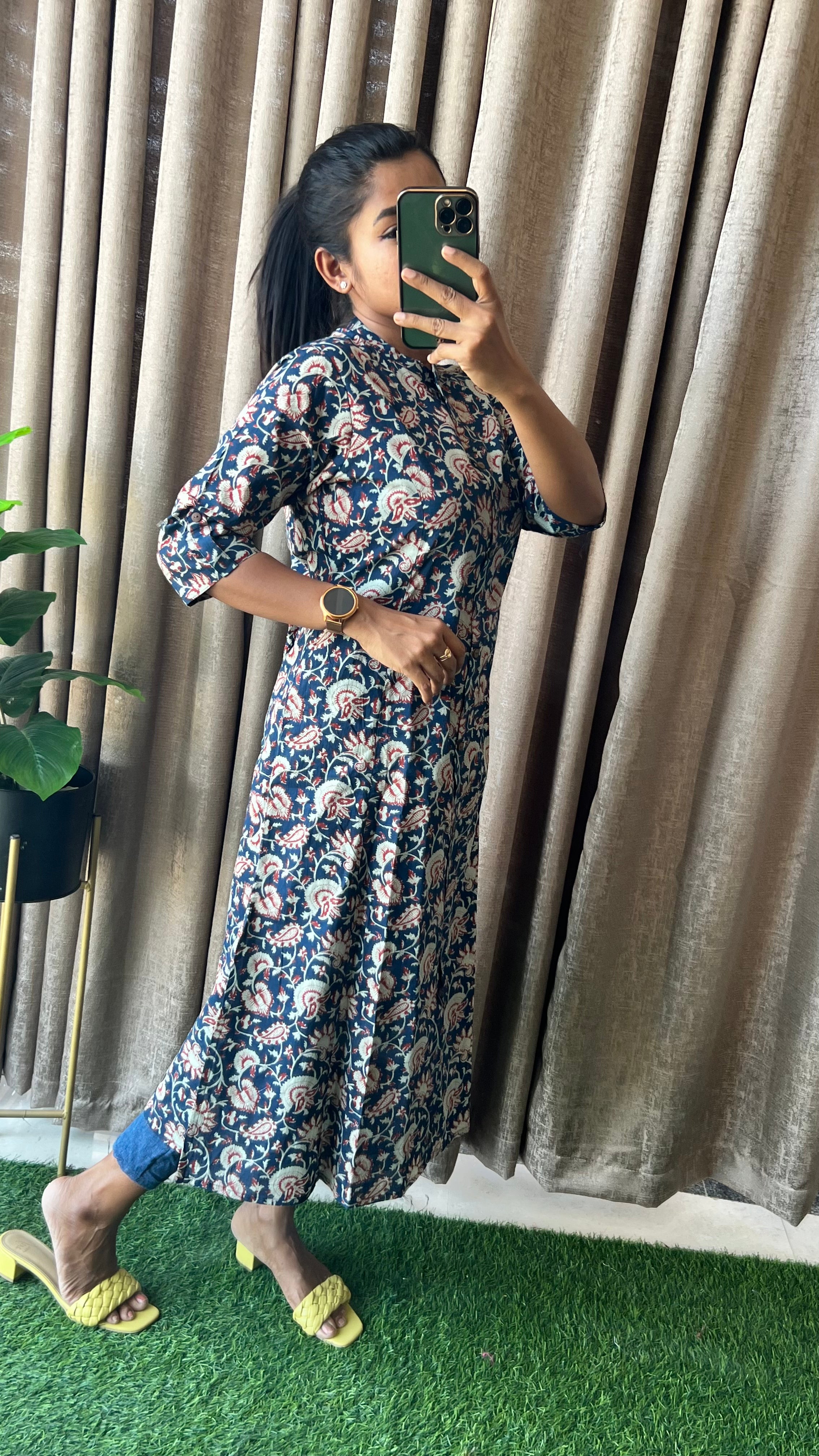 Blue floral silk cotton printed kurti top