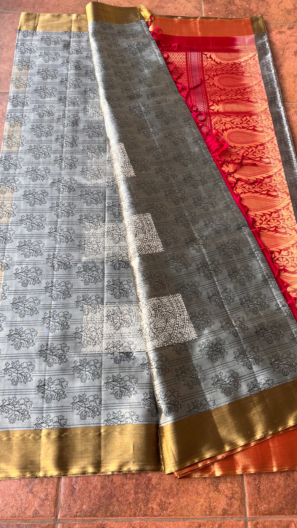 Grey and rani pink kanjivaram silk saree with blouse - Threads