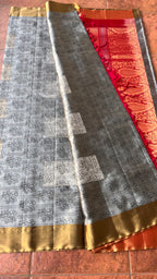 Grey and rani pink kanjivaram silk saree with blouse - Threads