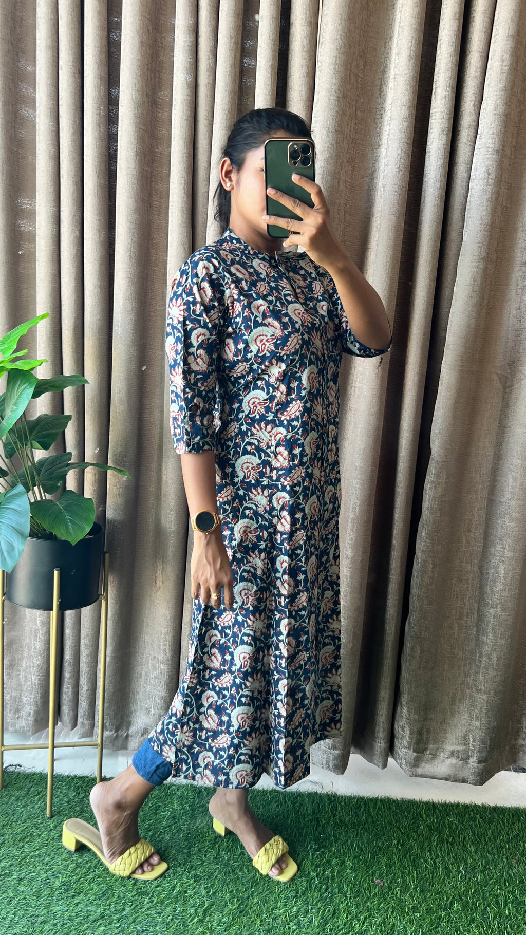 Blue floral silk cotton printed kurti top