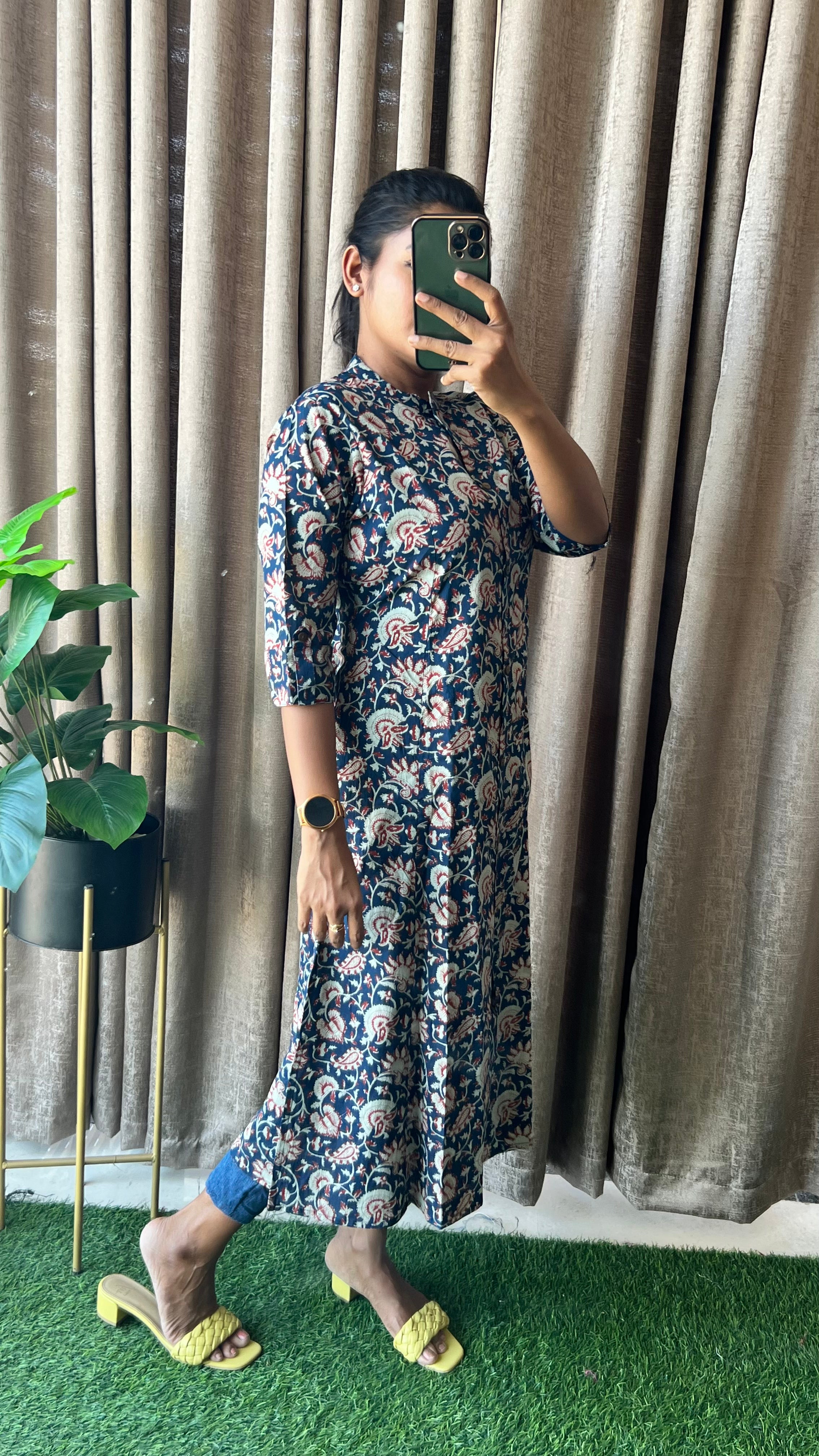 Blue floral silk cotton printed kurti top