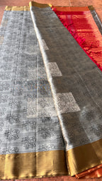 Grey and rani pink kanjivaram silk saree with blouse - Threads