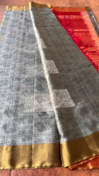 Grey and rani pink kanjivaram silk saree with blouse - Threads
