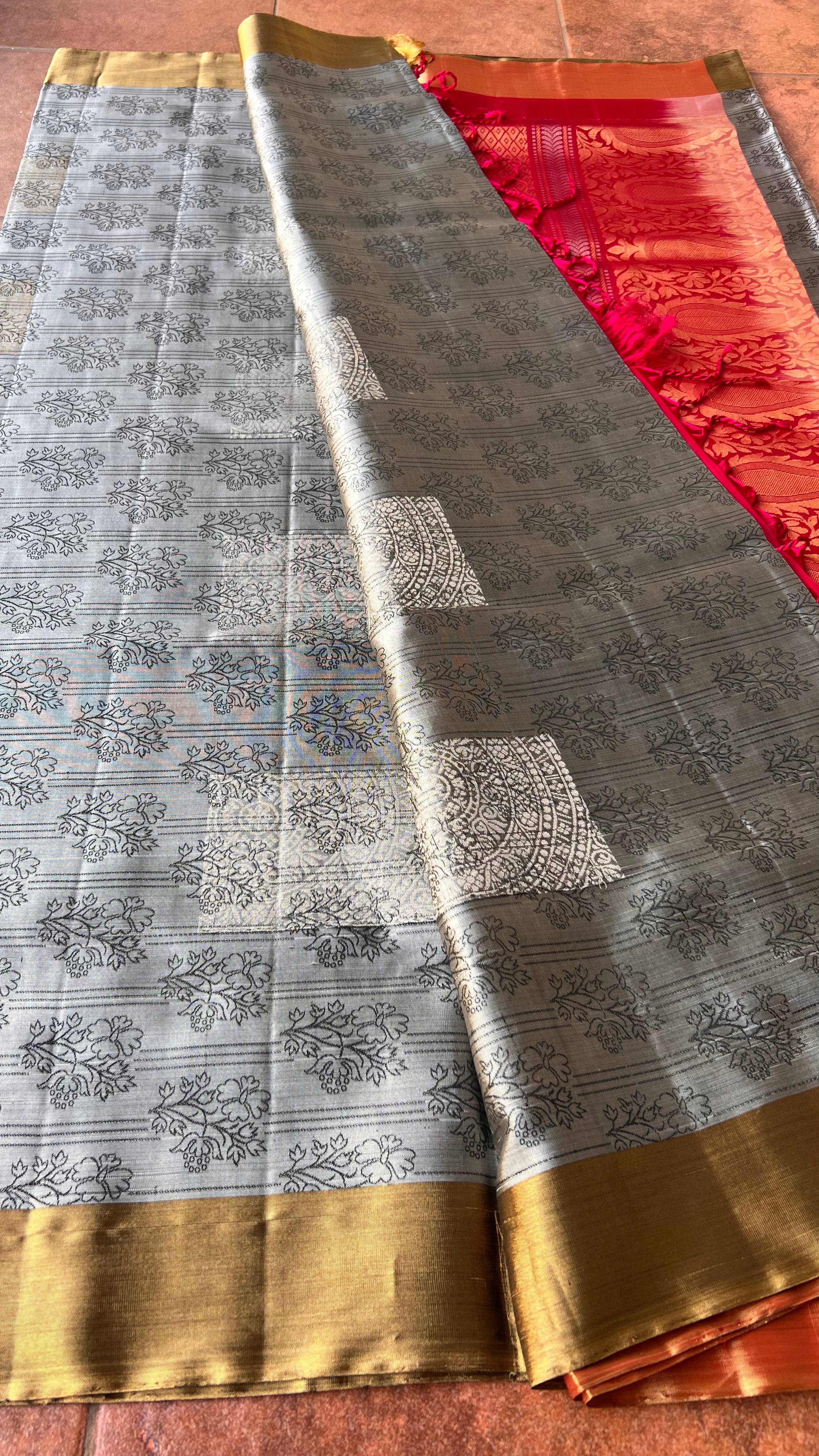 Grey and rani pink kanjivaram silk saree with blouse - Threads