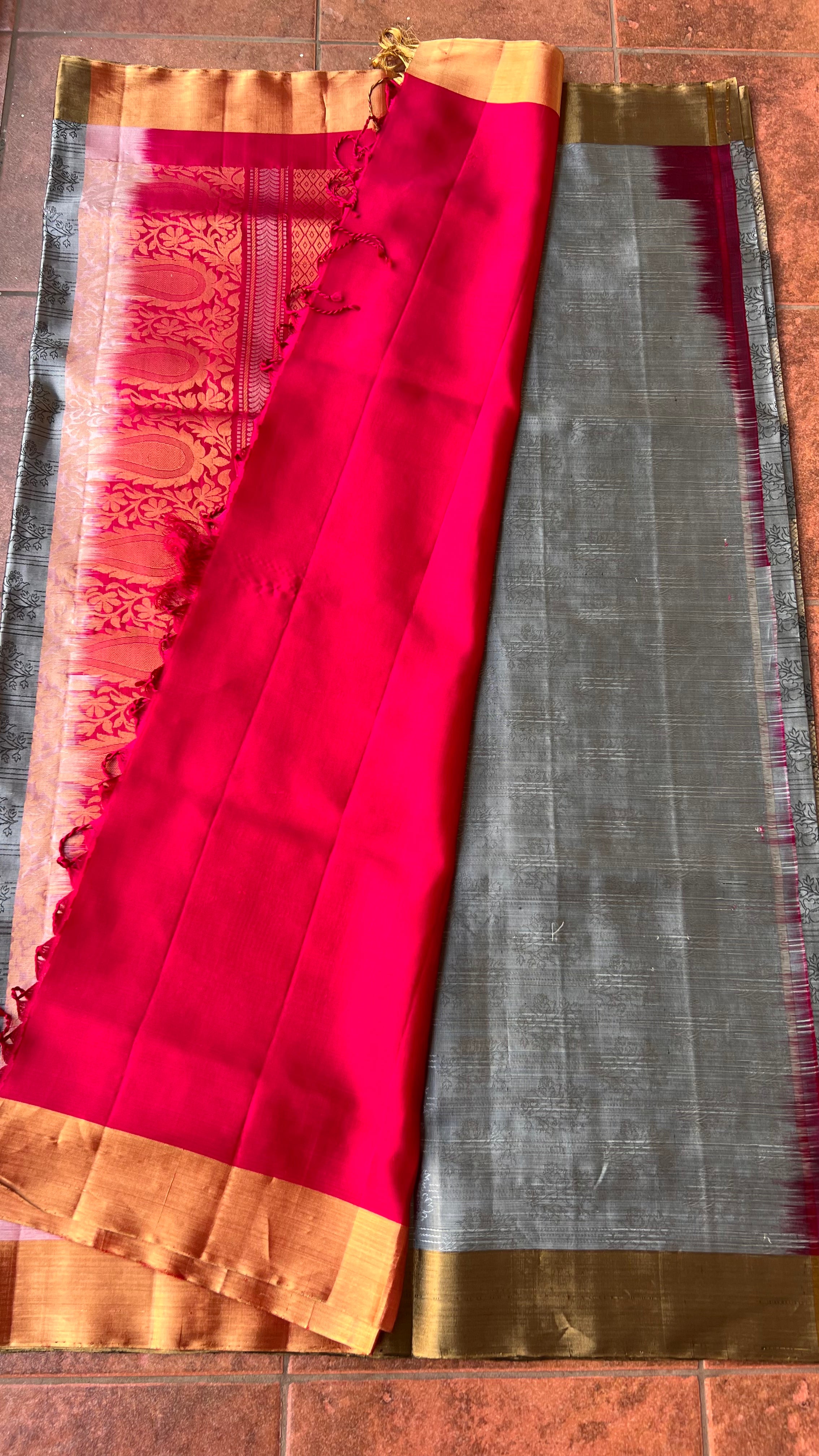 Grey and rani pink kanjivaram silk saree with blouse - Threads