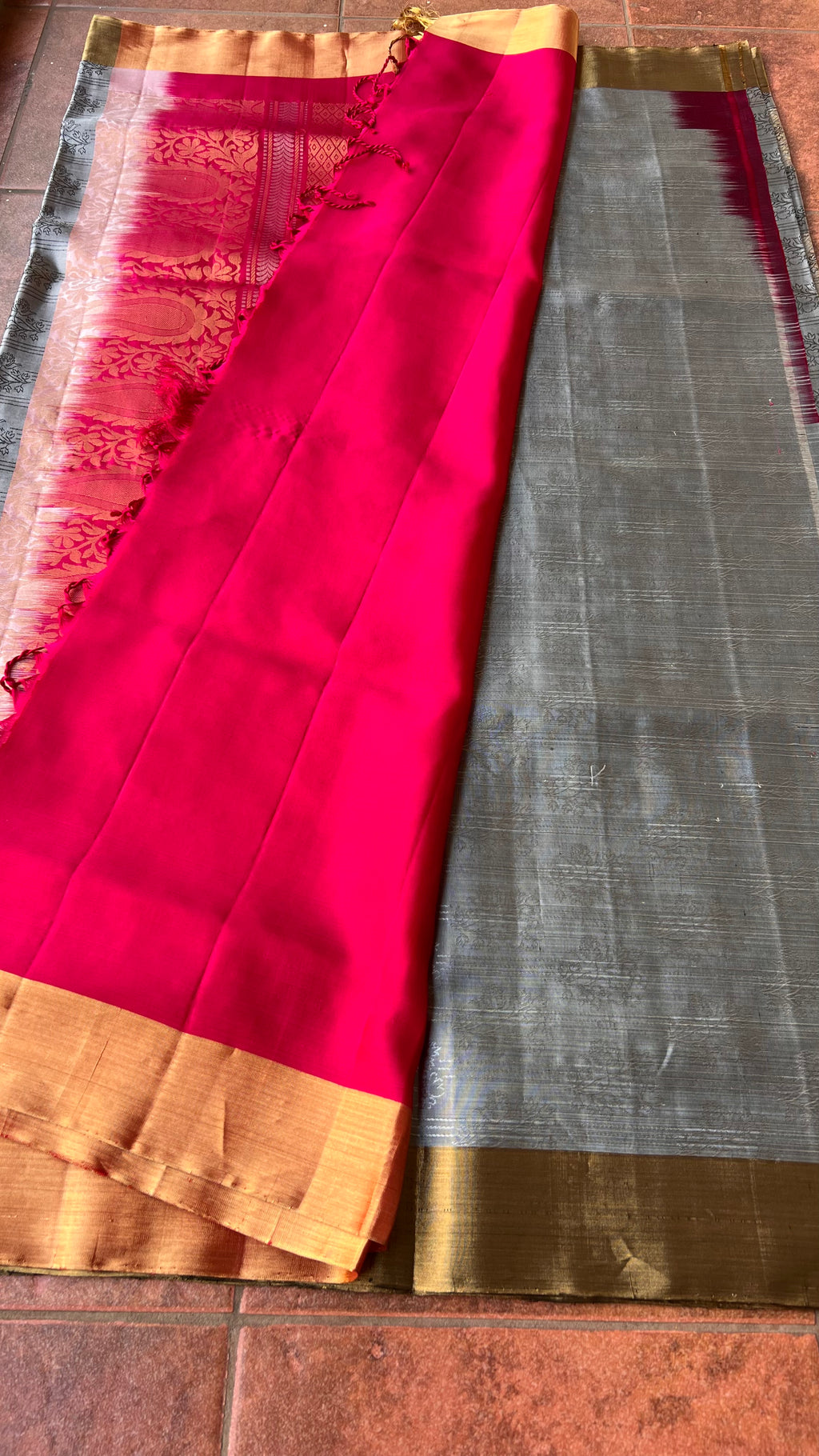 Grey and rani pink kanjivaram silk saree with blouse - Threads