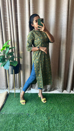 Green ajrak printed silk cotton kurti top
