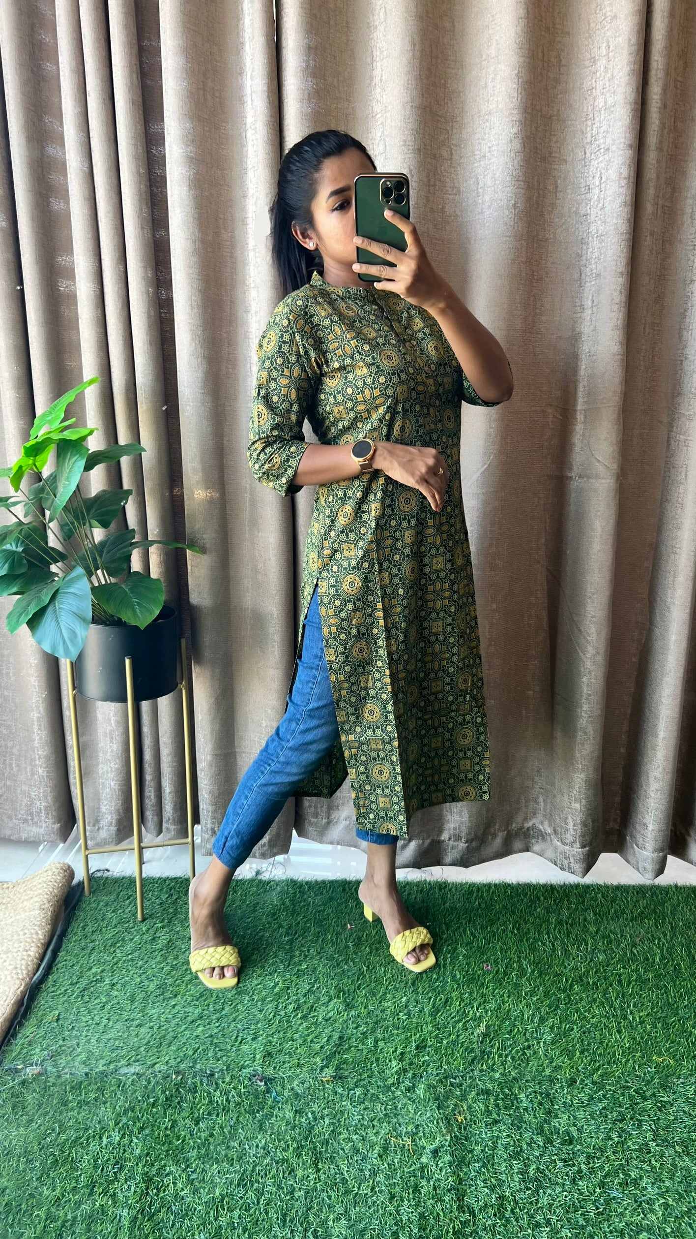 Green ajrak printed silk cotton kurti top