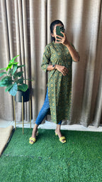 Green ajrak printed silk cotton kurti top