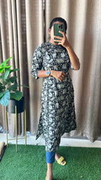 Black floral silk cotton printed kurti top