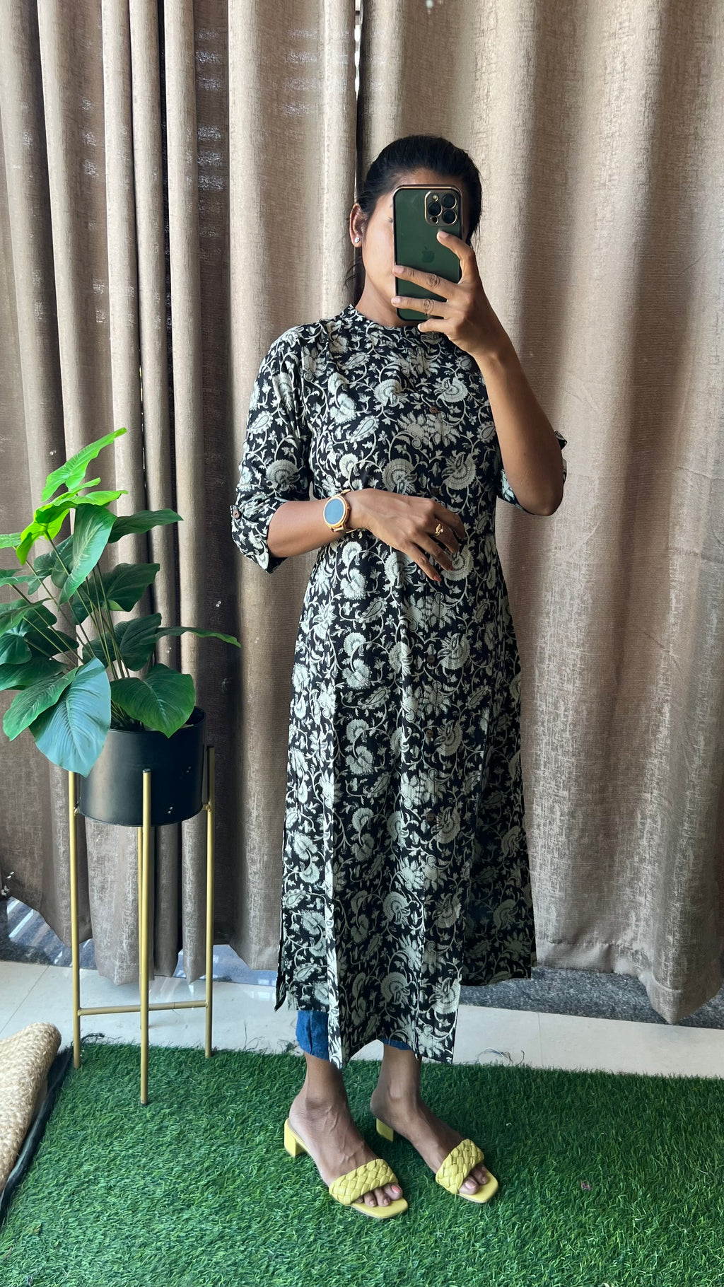 Black floral silk cotton printed kurti top