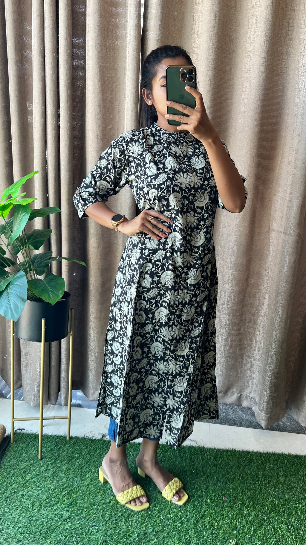 Black floral silk cotton printed kurti top