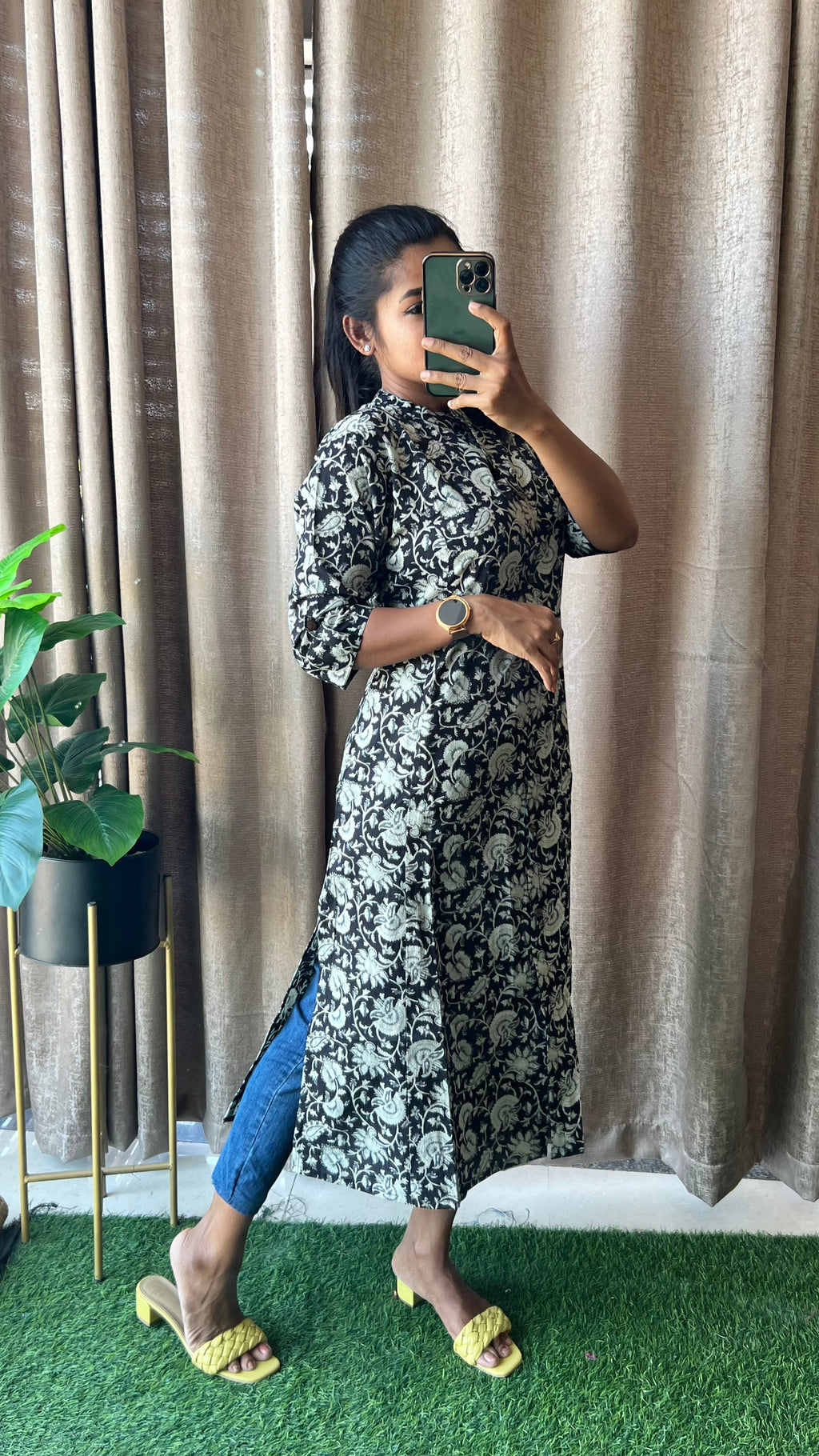 Black floral silk cotton printed kurti top