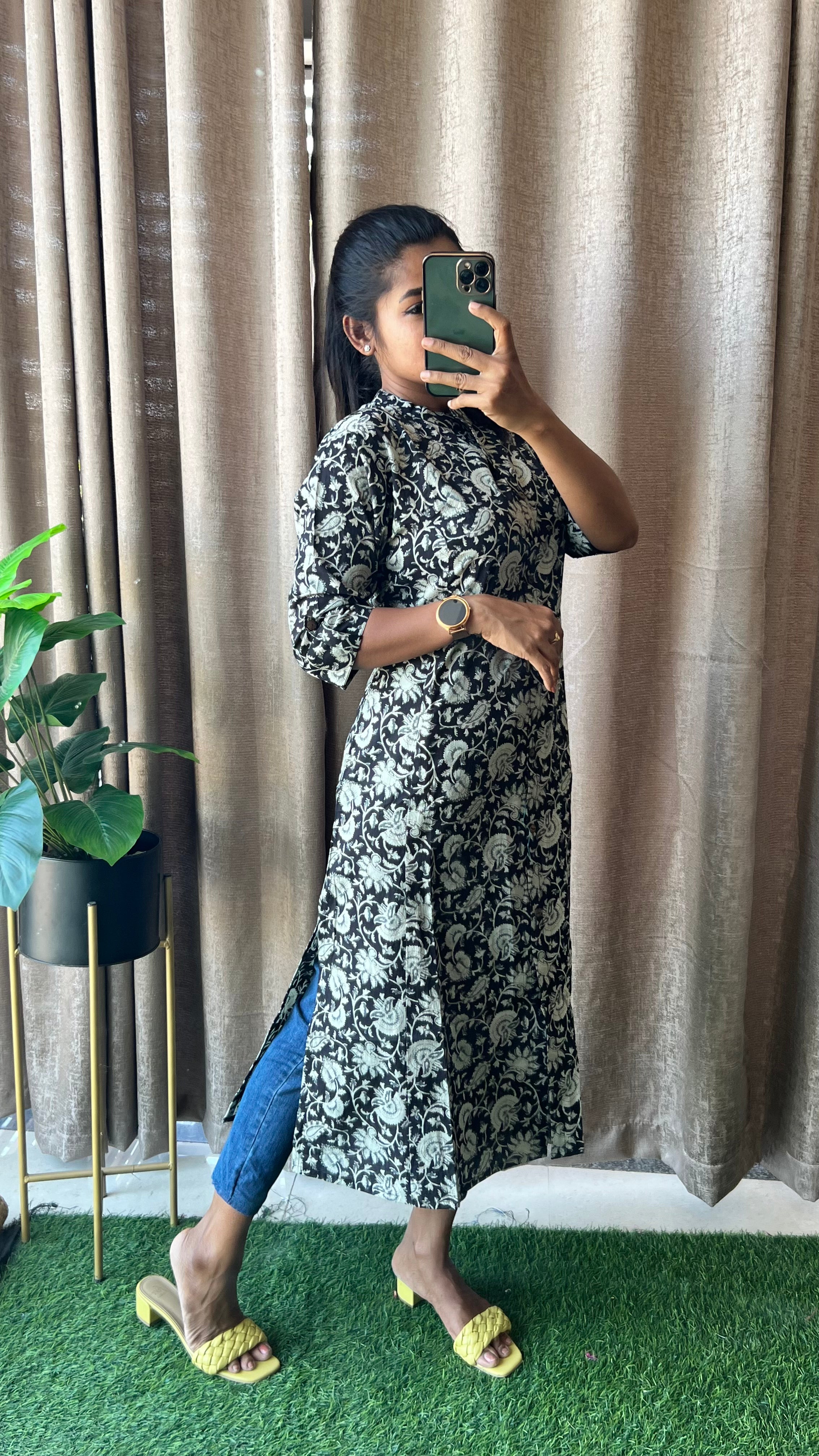Black floral silk cotton printed kurti top