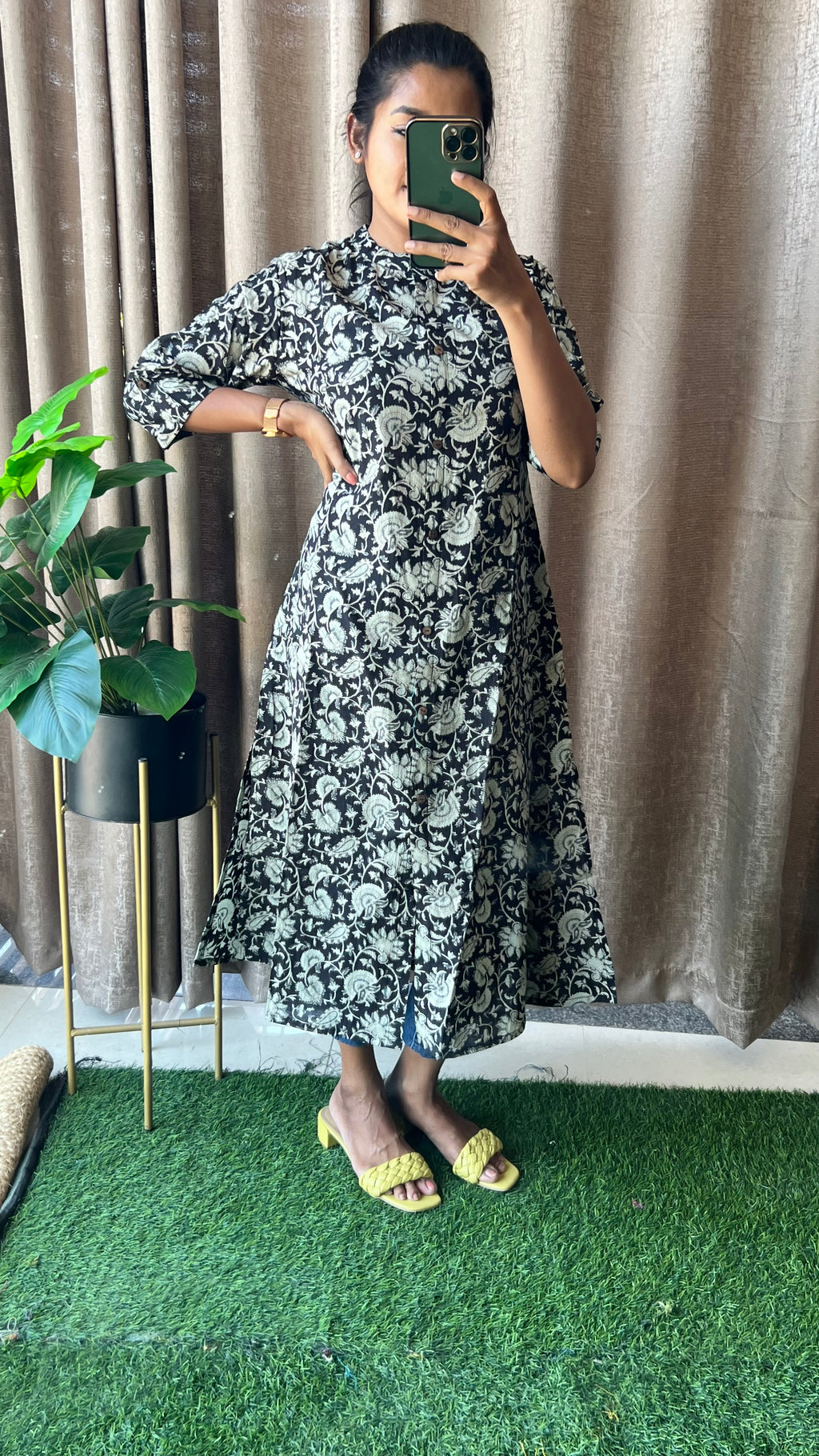 Black floral silk cotton printed kurti top