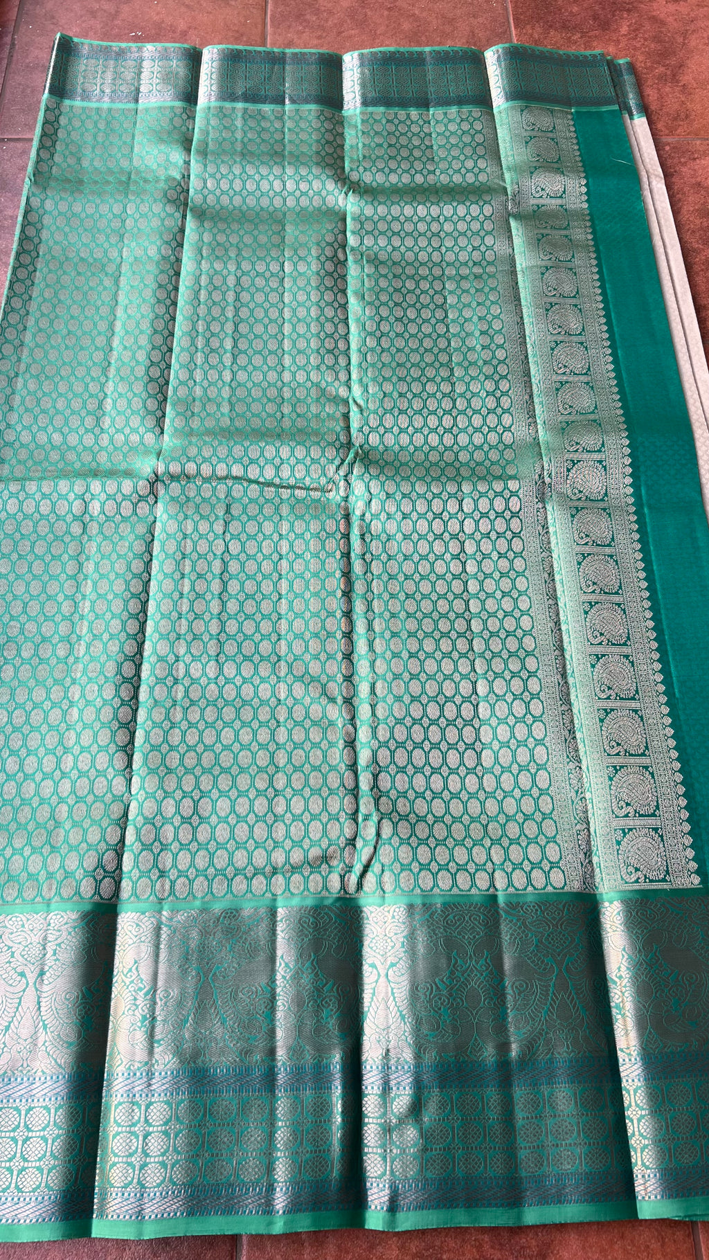 Half white and sea green kanjivaram silk saree with blouse - Threads