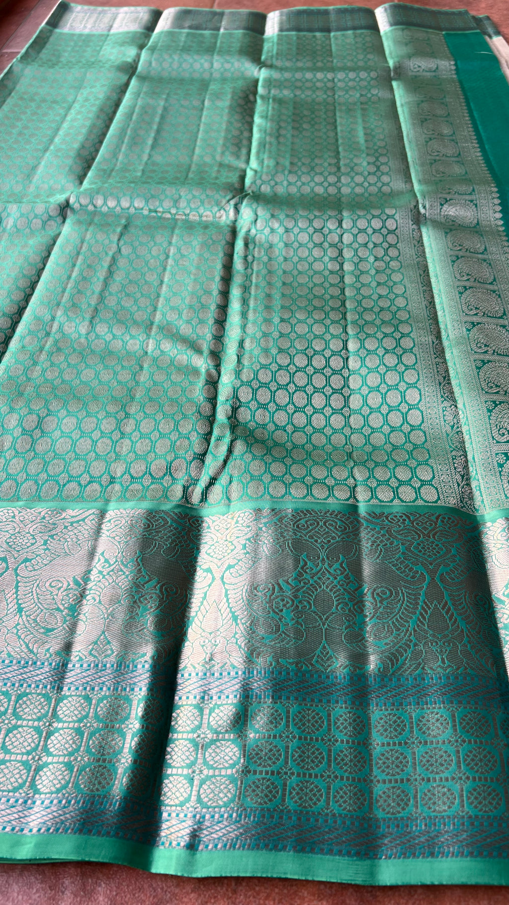 Half white and sea green kanjivaram silk saree with blouse - Threads