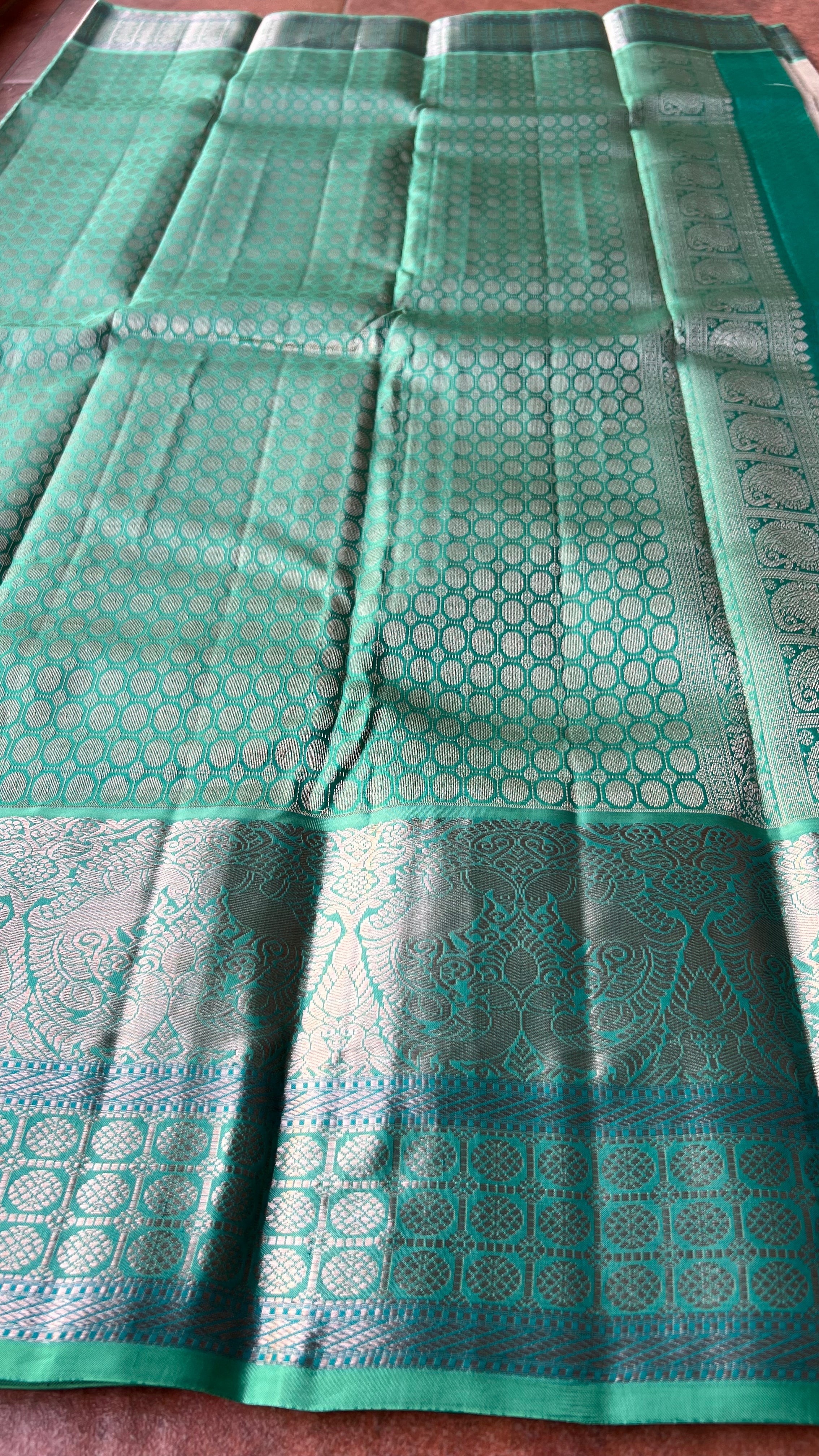 Half white and sea green kanjivaram silk saree with blouse - Threads