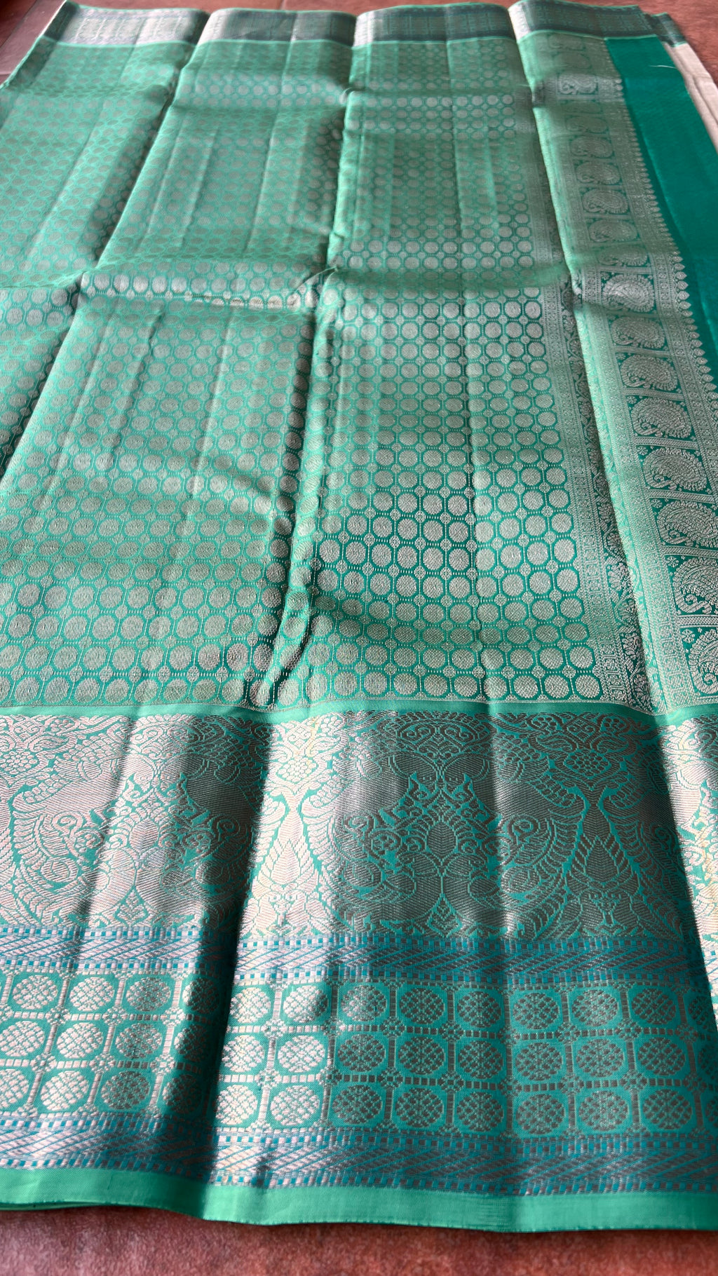 Half white and sea green kanjivaram silk saree with blouse - Threads
