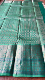 Half white and sea green kanjivaram silk saree with blouse - Threads