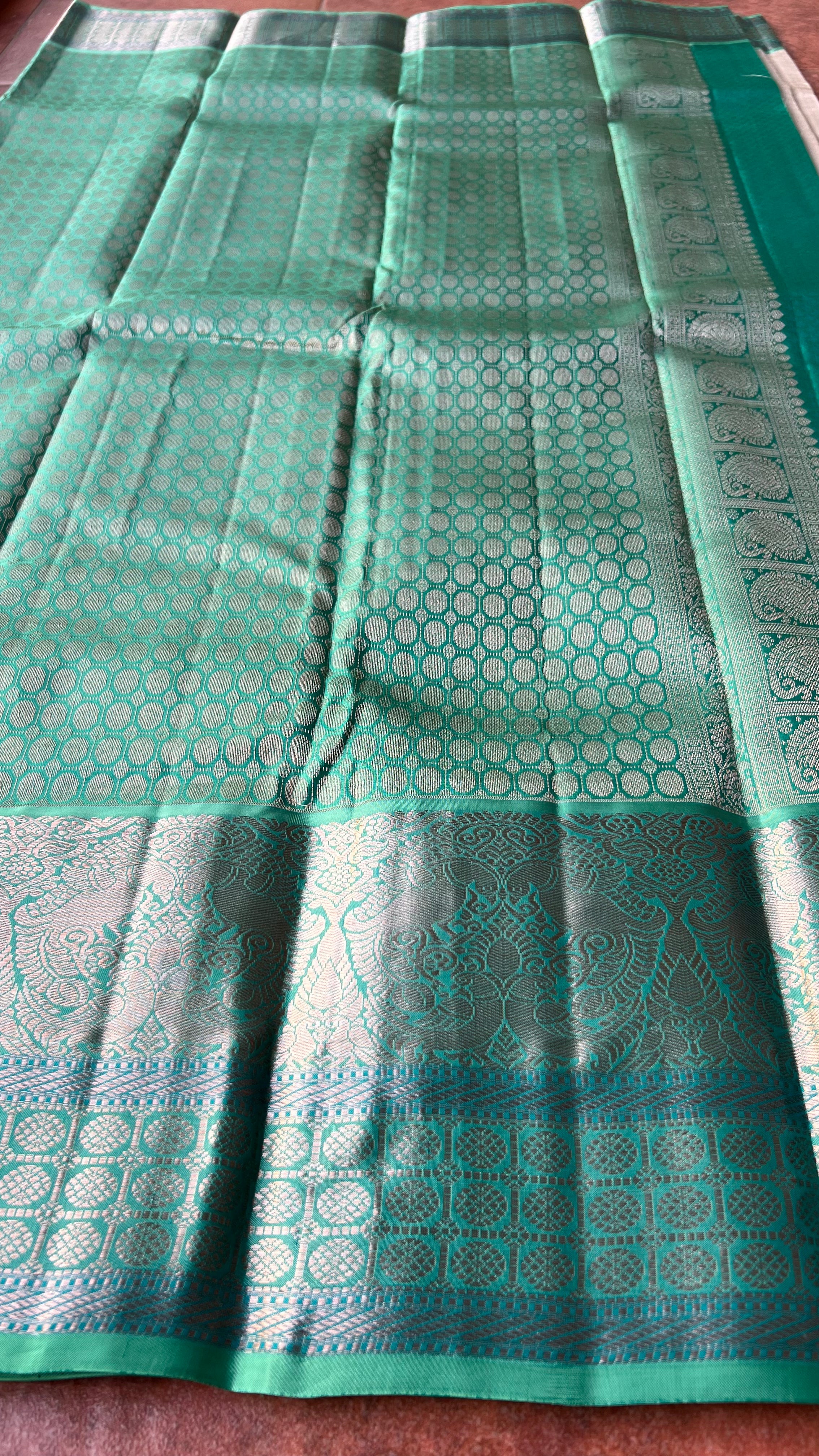 Half white and sea green kanjivaram silk saree with blouse - Threads